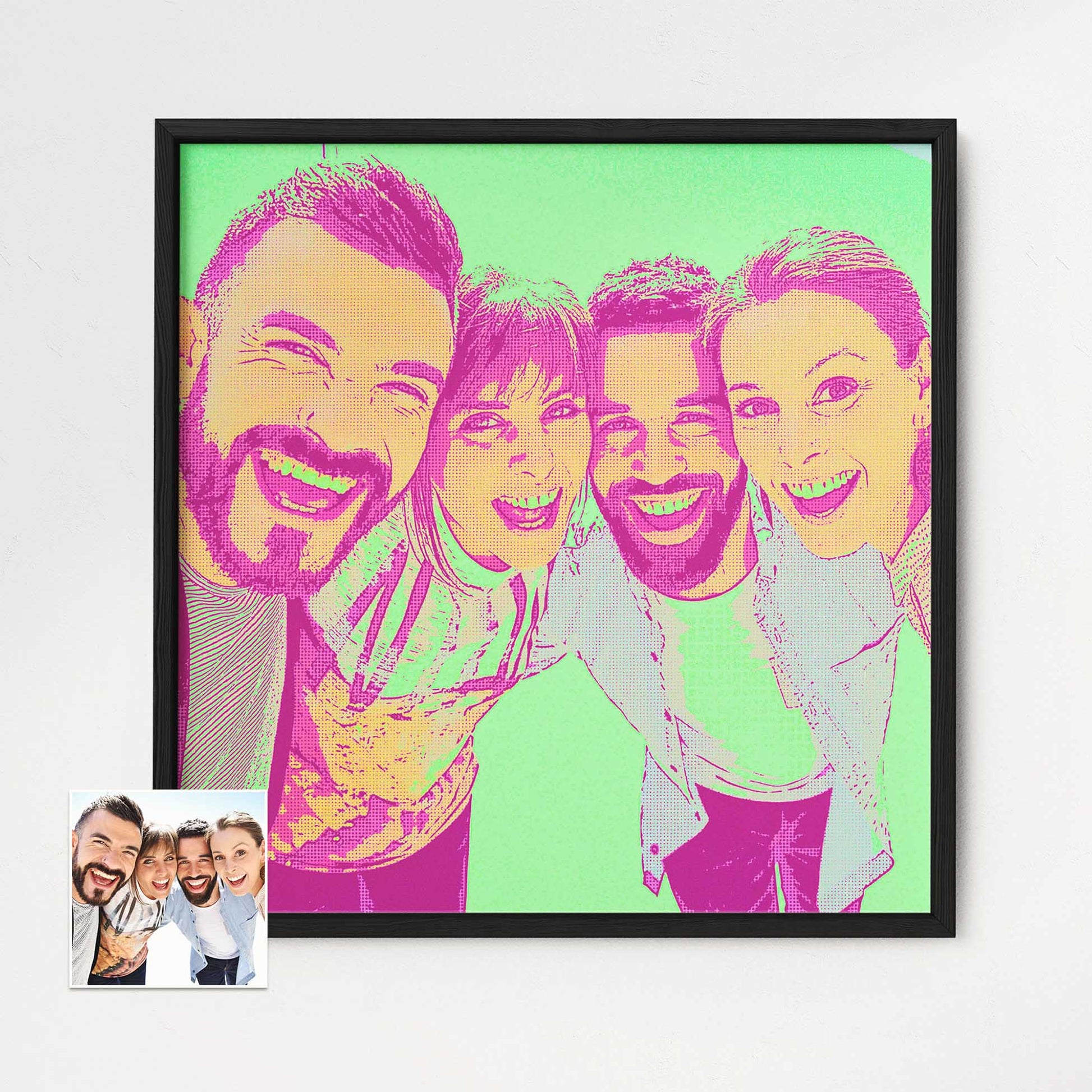 Capture the vibrancy of life with a Personalised Green & Pink Pop Art Framed Print from your photo. Bursting with color, this artwork brings a fun and exciting energy to any space. Made with thick museum-quality paper and framed in natural 