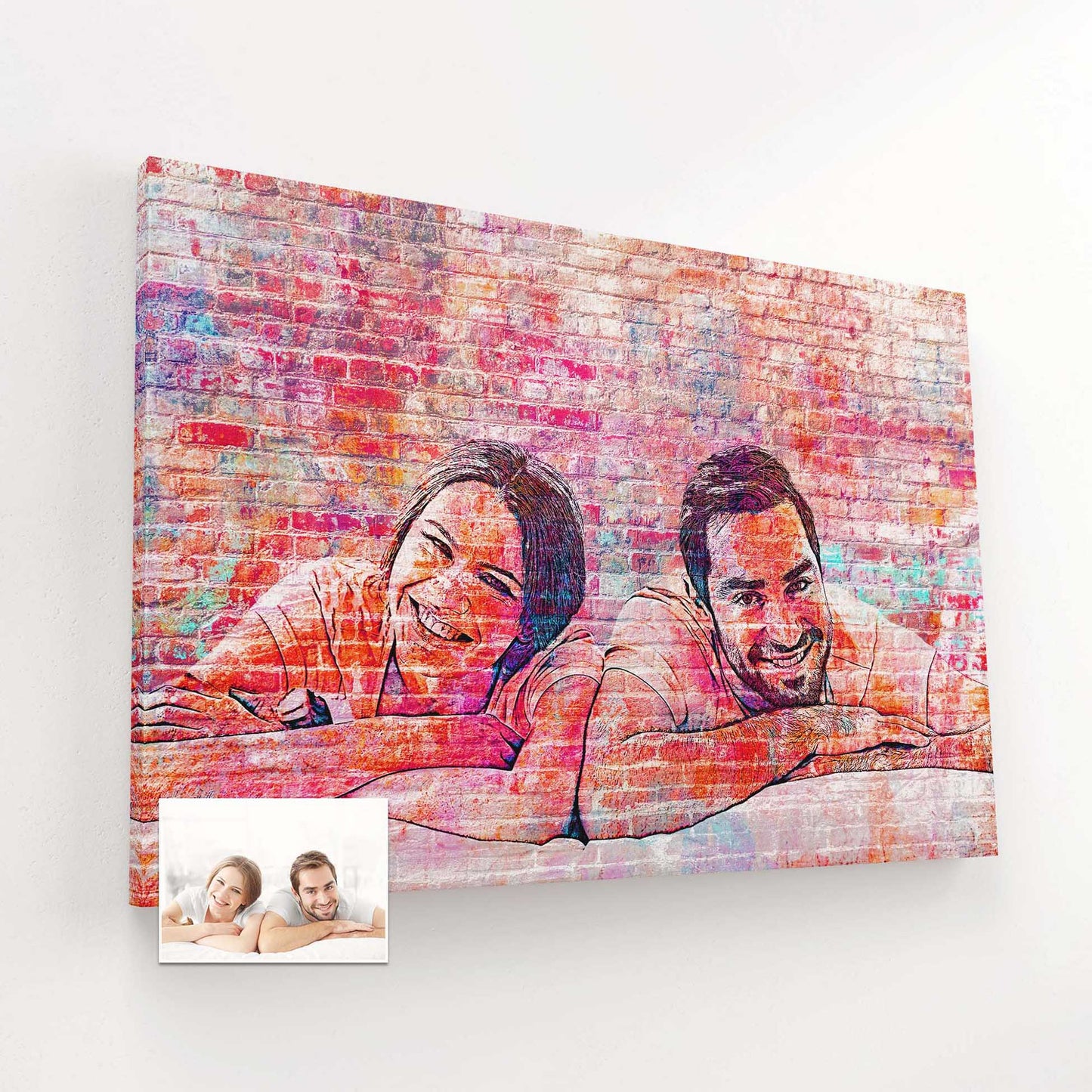 Wall Art from Photo - Personalised Brick Graffiti Street Art Canvas - Add a touch of urban style to your home with this unique and inspired artwork. The artistic graffiti design on a brick background is a cool and vibrant addition 