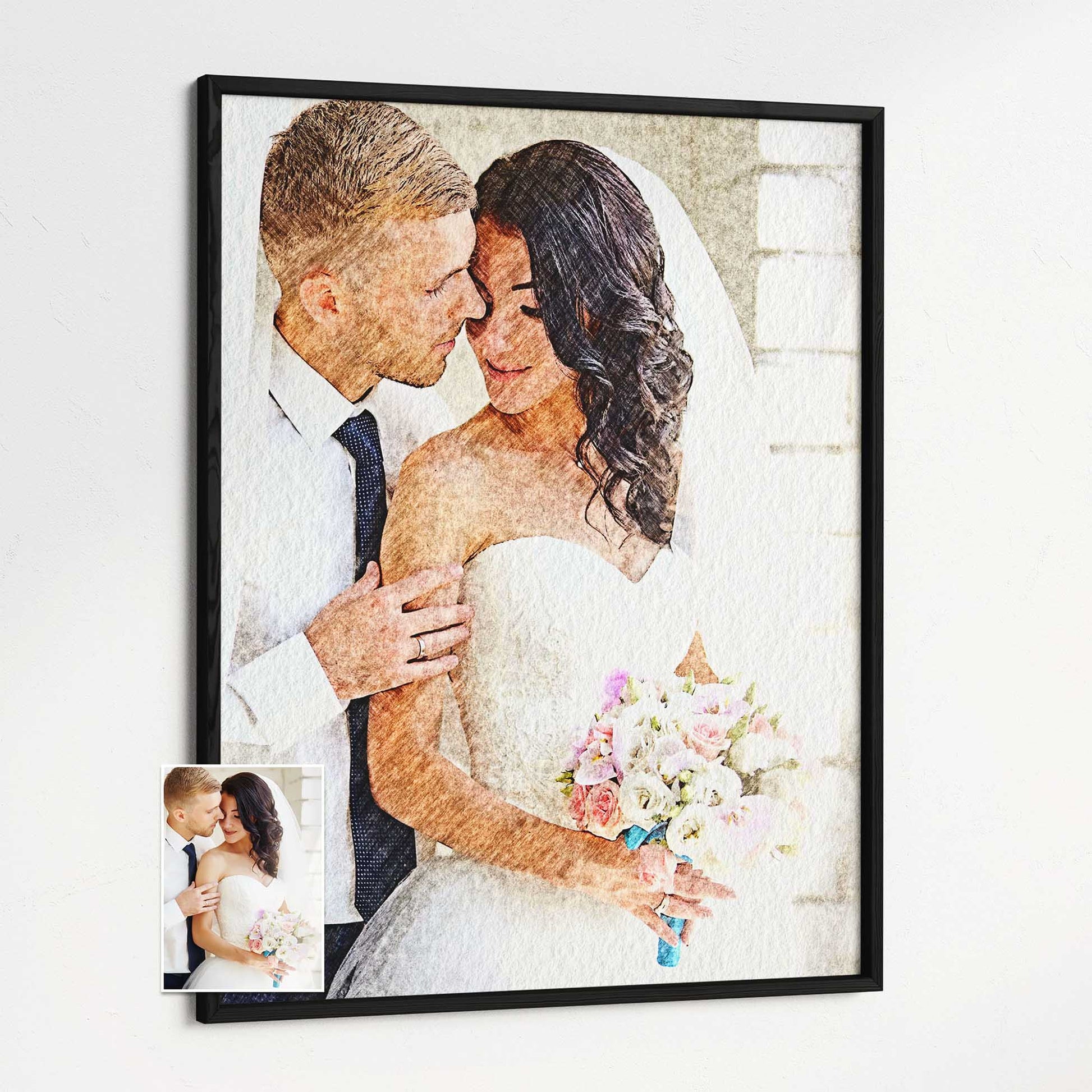 Chic and Stylish: Elevate your decor with a personalised fabric texture framed print. The authentic and natural look of the painting from a photo technique adds a touch of elegance to any space. Encased in a gallery-quality wooden frame
