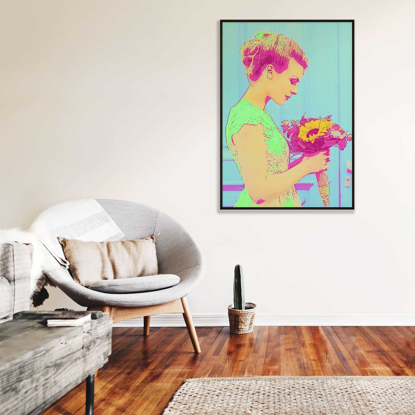 Unleash your creativity with a Personalised Green & Pink Pop Art Framed Print from your photo. Its vibrant colors and fun-filled composition bring joy and excitement to your walls. Made with thick museum-quality paper and framed in natural 