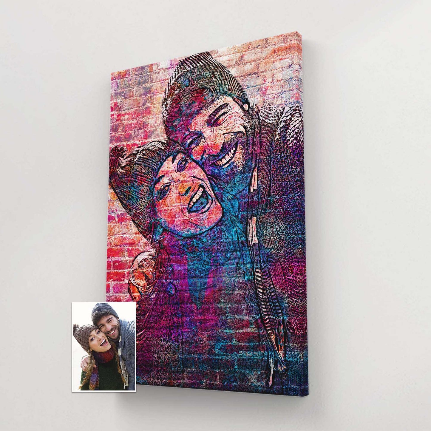 Personalised Brick Graffiti Street Art Canvas - Unleash your creativity with this wall art created from your photo. The urban-inspired design on a brick canvas captures the essence of street art. Its vibrant and bright colors 