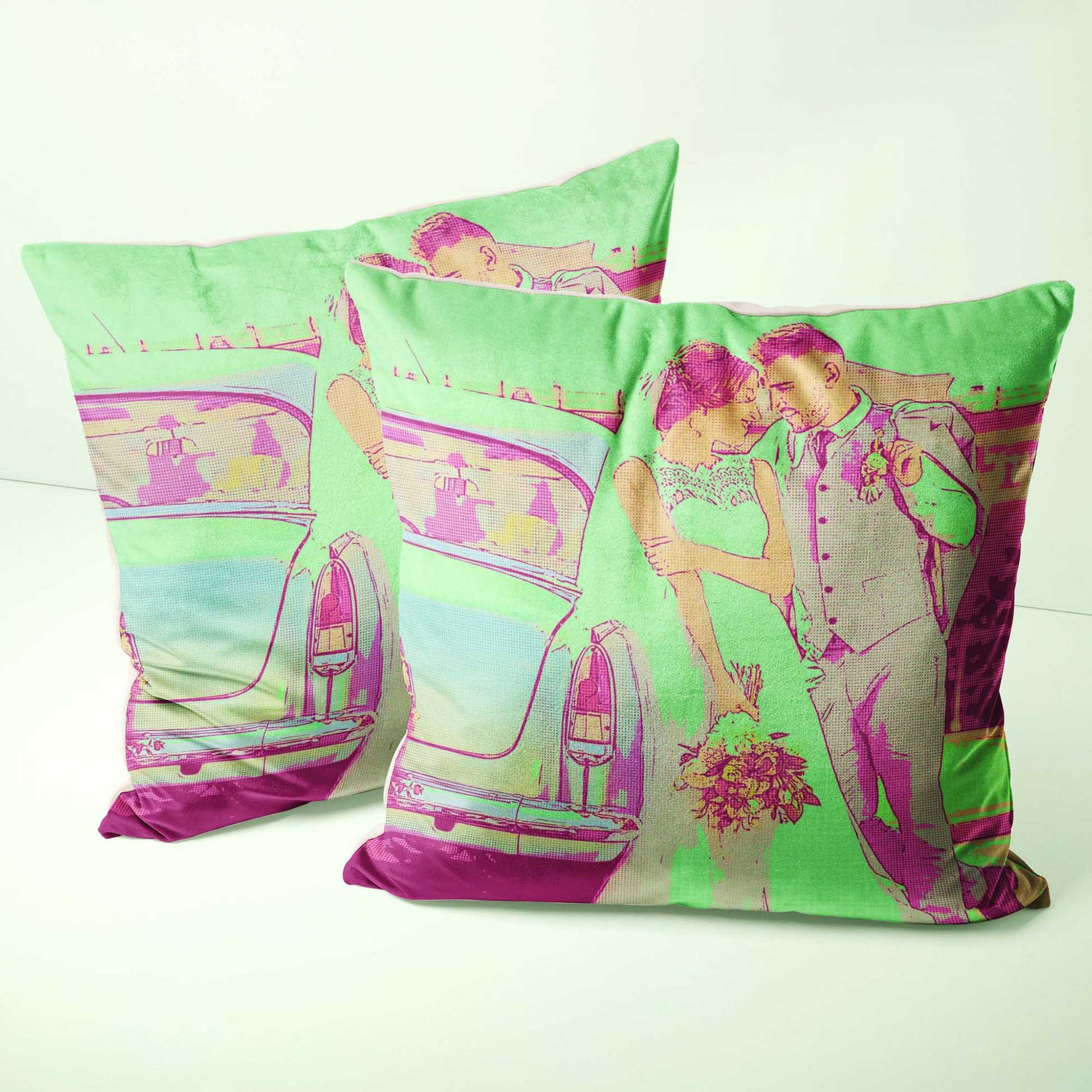 Personalise your home decor with a Pink & Green Pop Art Cushion. Made from soft velvet fabric, this cosy and comfortable cushion brings a full and colourful vibe to any room. Print it from a photo to create a unique and original design 
