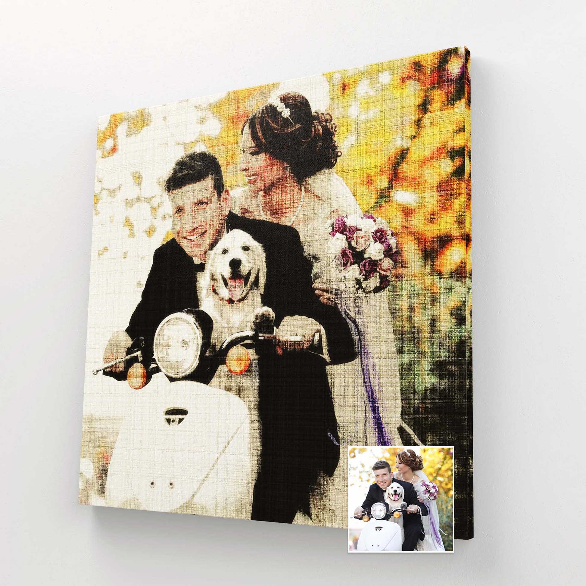 Create a personalized masterpiece with a Personalised Fabric Texture Canvas. This canvas is made by painting from your photo, resulting in an original and unique artwork. Its fine art quality makes it an ideal choice for weddings