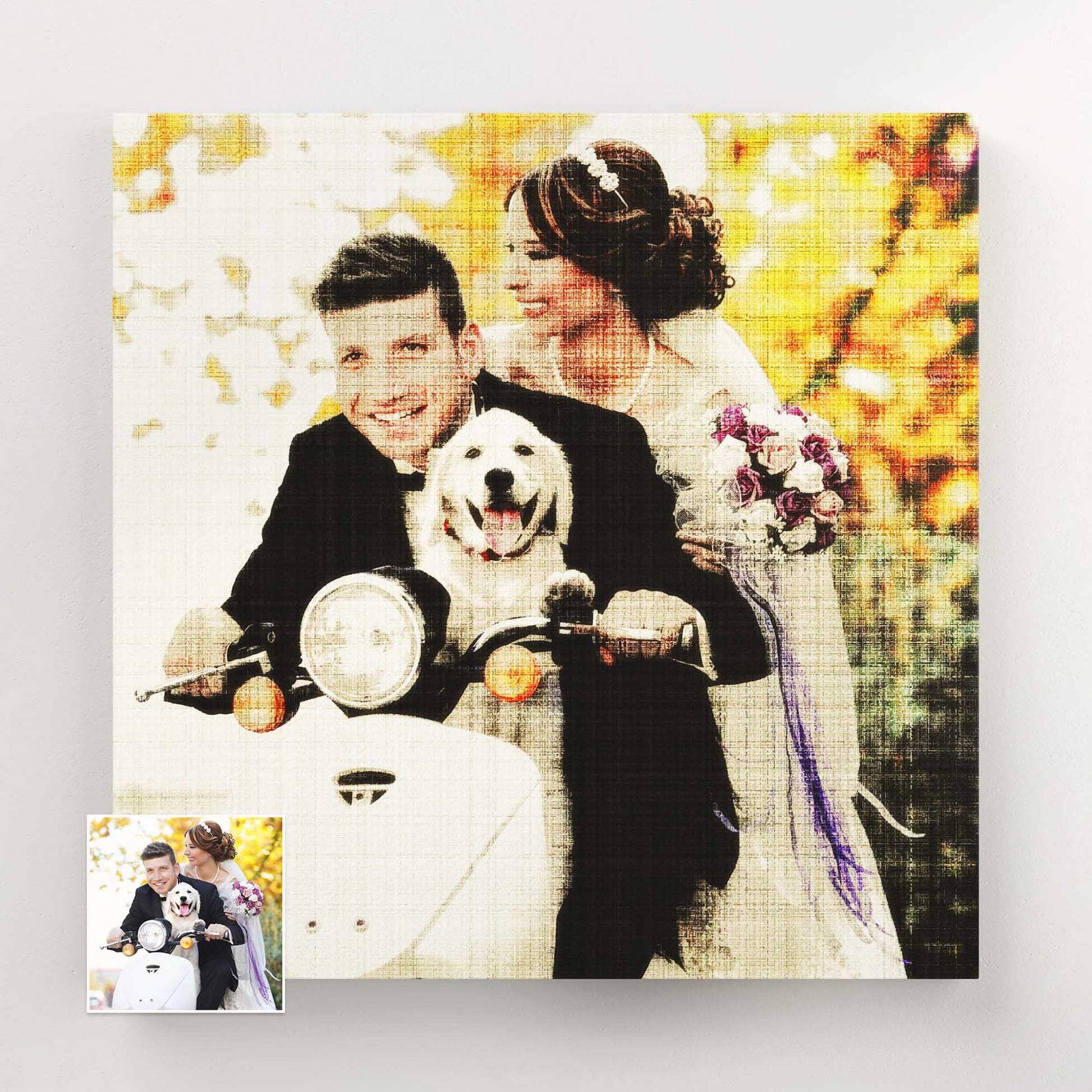 Immortalize cherished memories with a Personalised Fabric Texture Canvas. This canvas is created through painting from your photo, resulting in an original and unique artwork. Its fine art quality makes it a perfect choice for weddings
