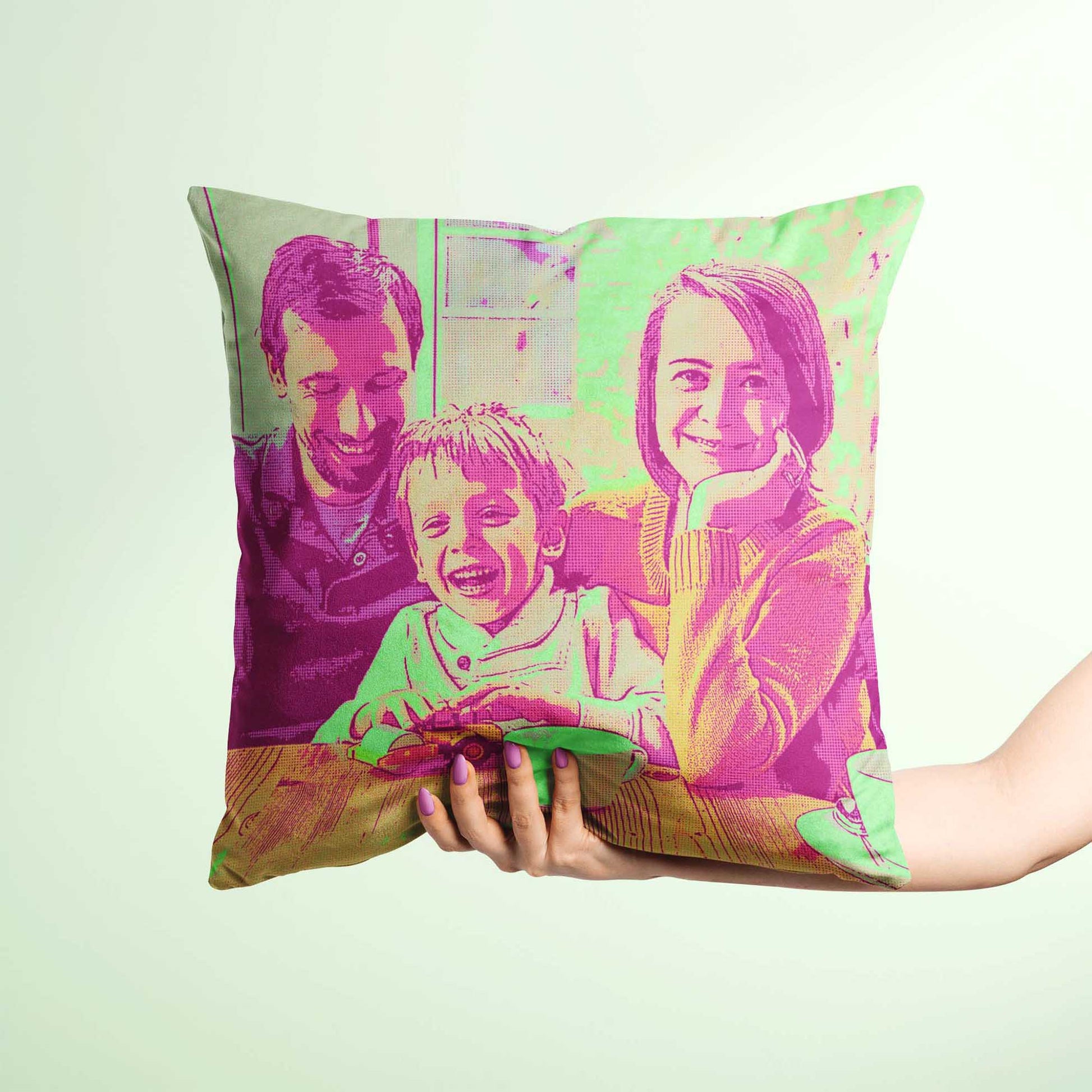 Add a touch of fun and vibrancy to your home with a personalised Pink & Green Pop Art Cushion. Made from soft velvet fabric, this colourful and full cushion offers a cosy and inviting feel. Print it from a photo and let your creativity shine