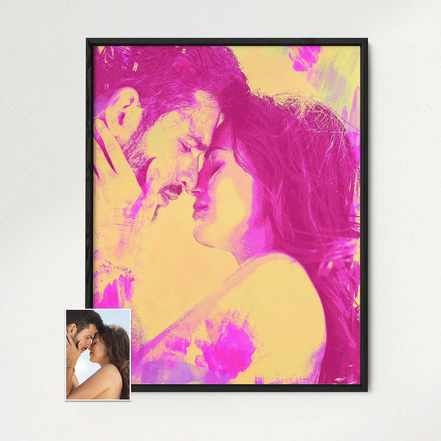 Immerse your space in the delightful charm of our Personalised Pink & Yellow Watercolor Framed Print. This gallery-quality artwork, created from a photo, showcases an original, unique painting bursting with cool, vibrant hues