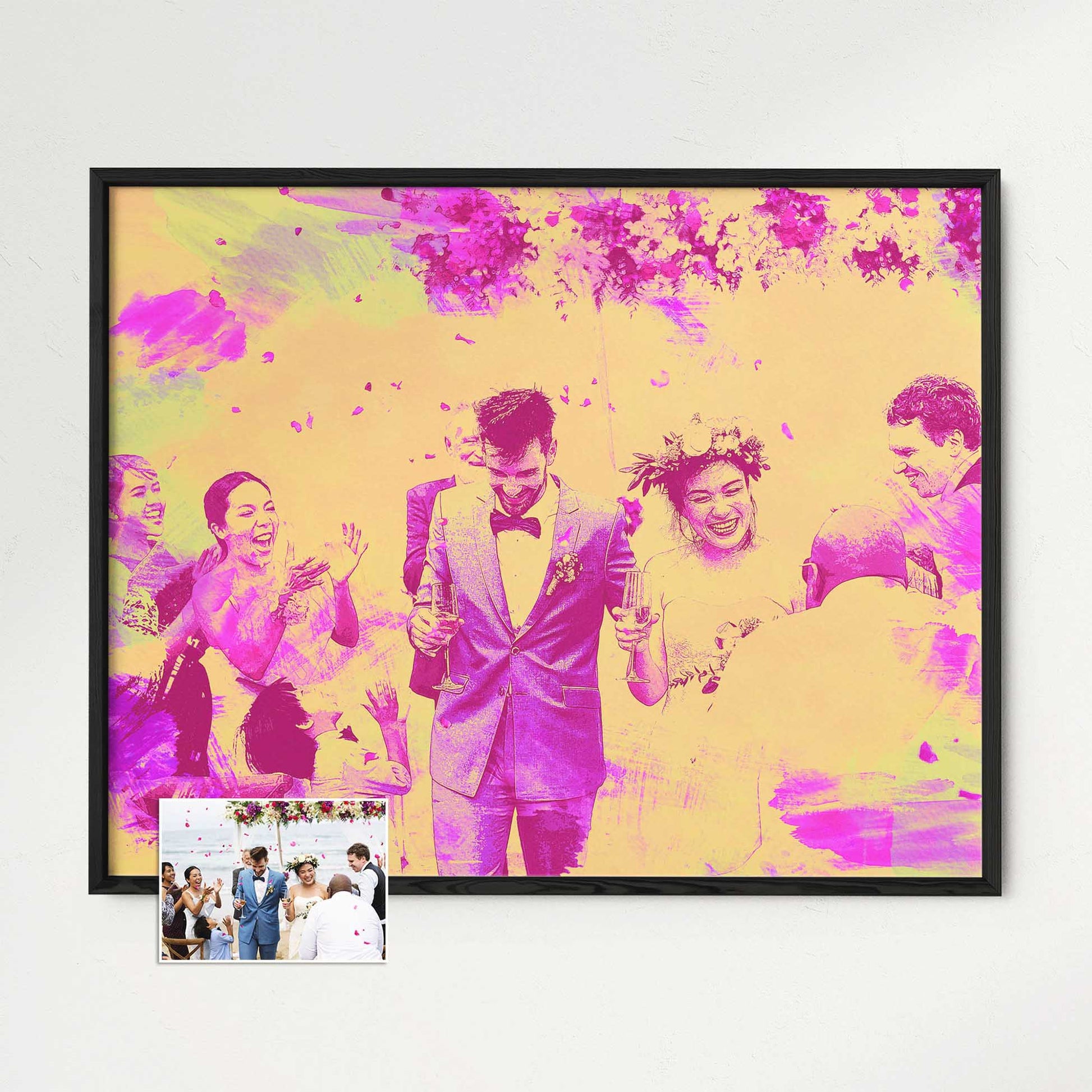 Immerse yourself in the world of art with our Personalised Pink & Yellow Watercolor Framed Print. This vibrant and vivid painting, created from a photo, embodies the essence of cool and colorful hues, gallery-quality print