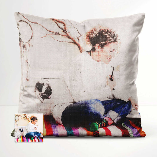 Add a touch of texture to your space with our Personalised Fabric Texture Cushion. Crafted in a canvas style, it showcases a painting derived from your photo, creating a warm and inviting atmosphere, handmade with soft velvet 