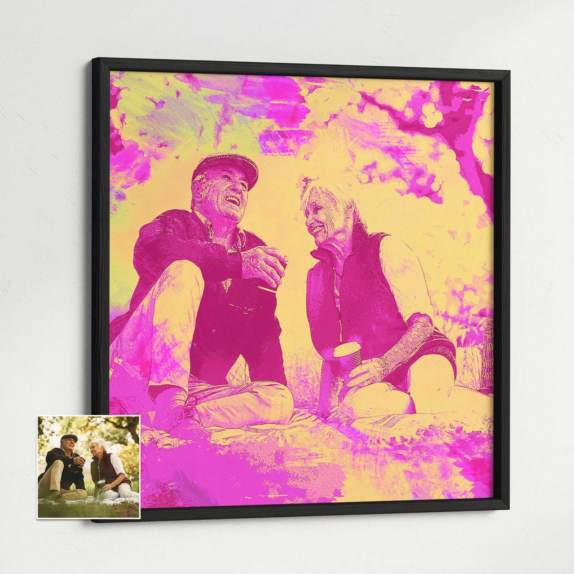 Indulge in the mesmerizing beauty of our Personalised Pink & Yellow Watercolor Framed Print. This original and unique painting, crafted from a photo, showcases a cool and vibrant color palette that instantly enlivens any space
