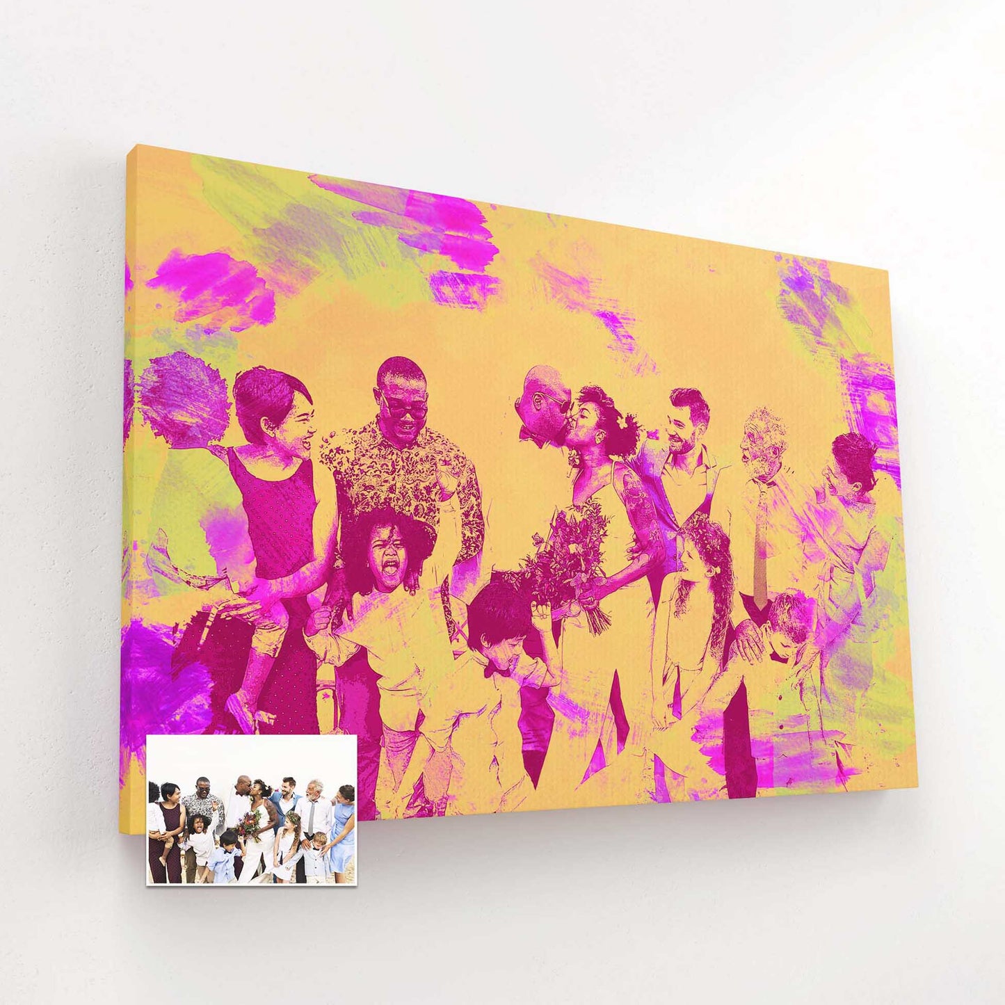 Experience the beauty of art in its purest form with our Personalised Pink & Yellow Painting Canvas. Crafted with expert precision, this watercolor painting exudes a real and natural charm, bringing your cherished memories to life on canvas