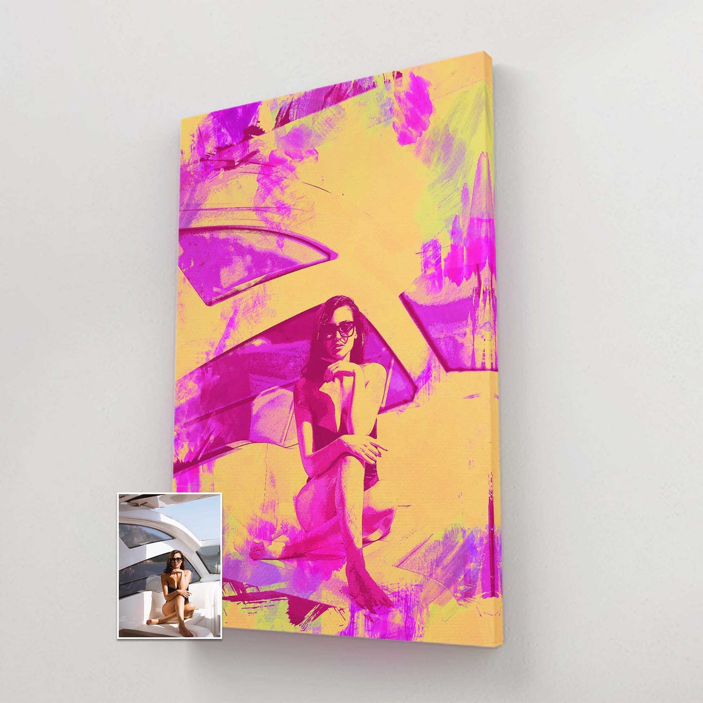 Step into a world of artistic enchantment with our Personalised Pink & Yellow Painting Canvas. Each brush stroke on this watercolor masterpiece is filled with genuine emotion, as it turns your cherished photo into a real and natural art