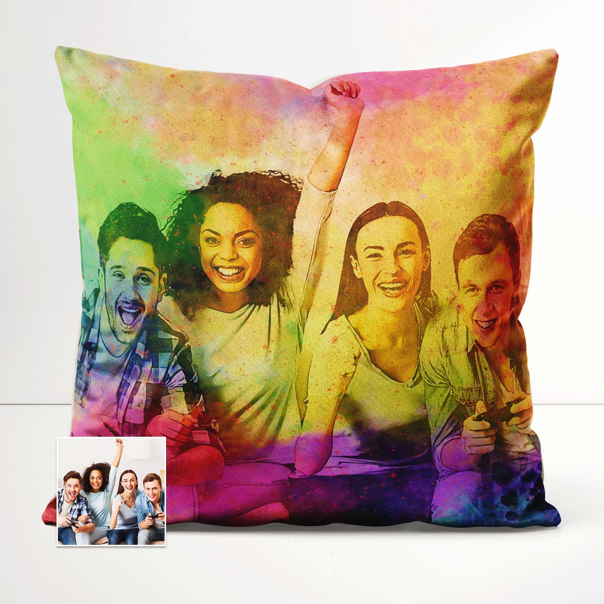 Elevate your decor with the Personalised Splash of Colours Cushion. Its green, yellow, purple, and pink color palette creates an eye-catching display that instantly transforms any space. Handmade with love and attention to detail