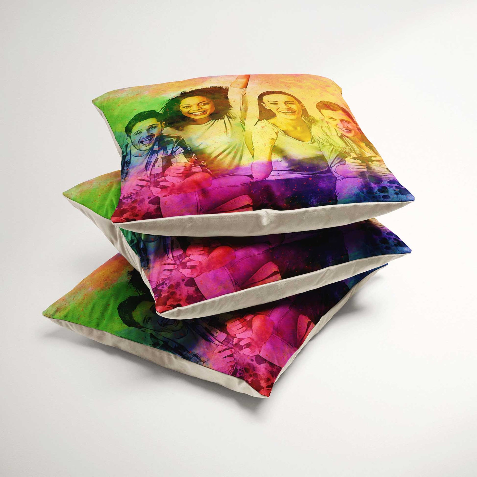Capture the essence of your favorite photo with the Painting from Photo Personalised Splash of Colours Cushion. With its vivid hues of green, yellow, purple, and pink, it transforms ordinary moments into extraordinary works of art, handmade
