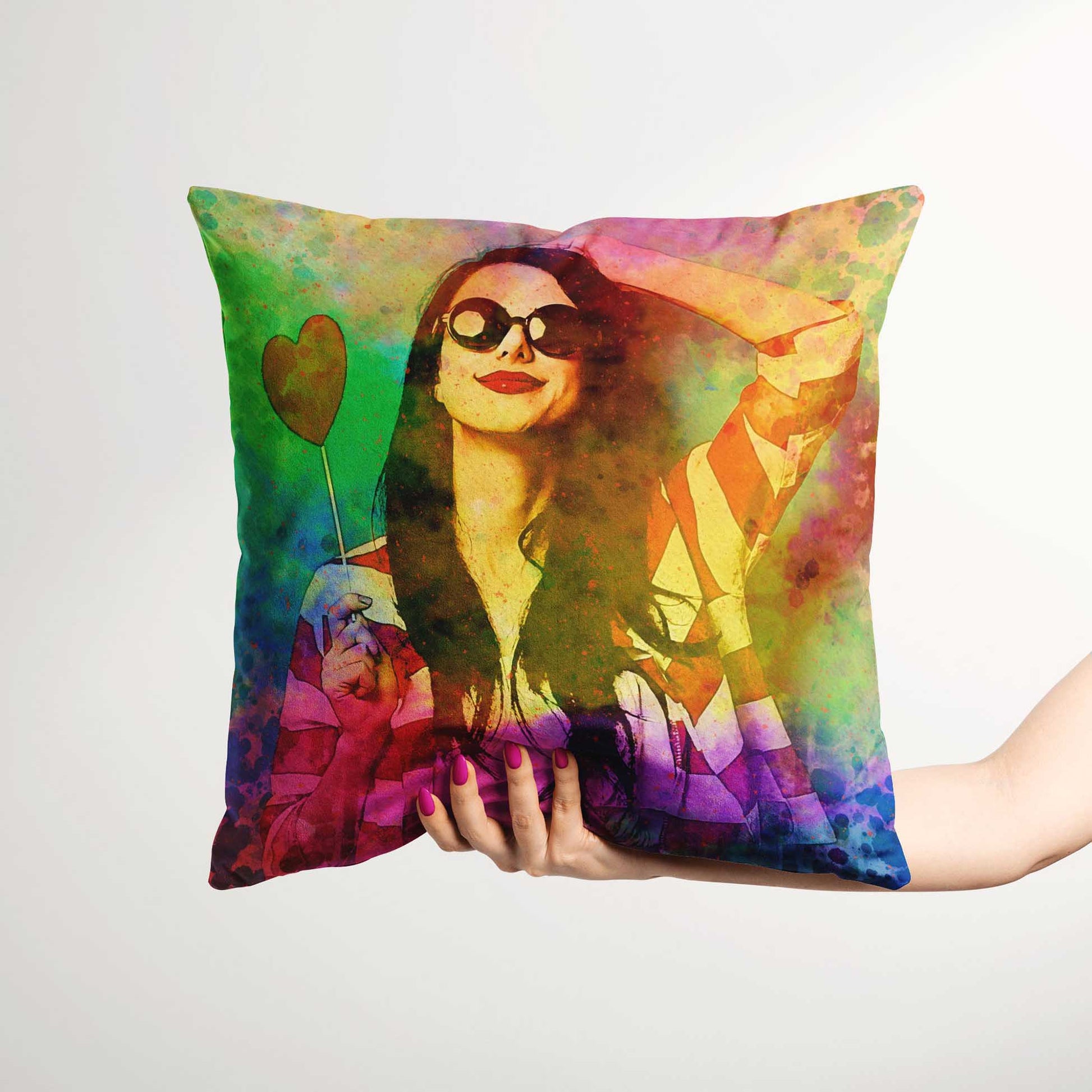 Dive into a world of vibrant hues with the Personalised Splash of Colours Cushion. Its green, yellow, purple, and pink palette transforms any space into a lively haven. Made from soft velvet and lovingly handcrafted
