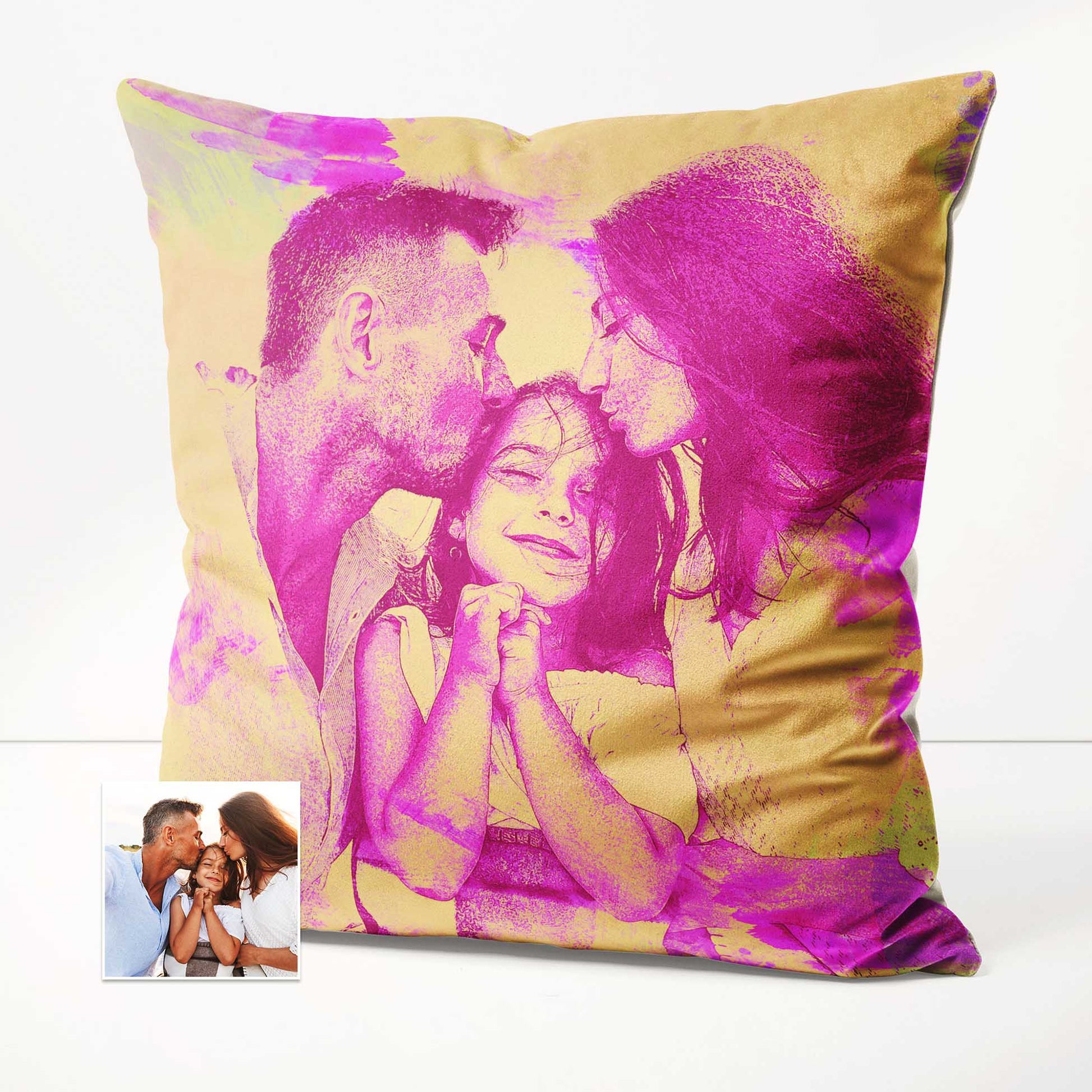Create a captivating ambiance with the Personalised Pink and Yellow Watercolour Cushion. Crafted from soft velvet and featuring unique brush strokes, this handmade artwork adds a touch of sophistication to your space