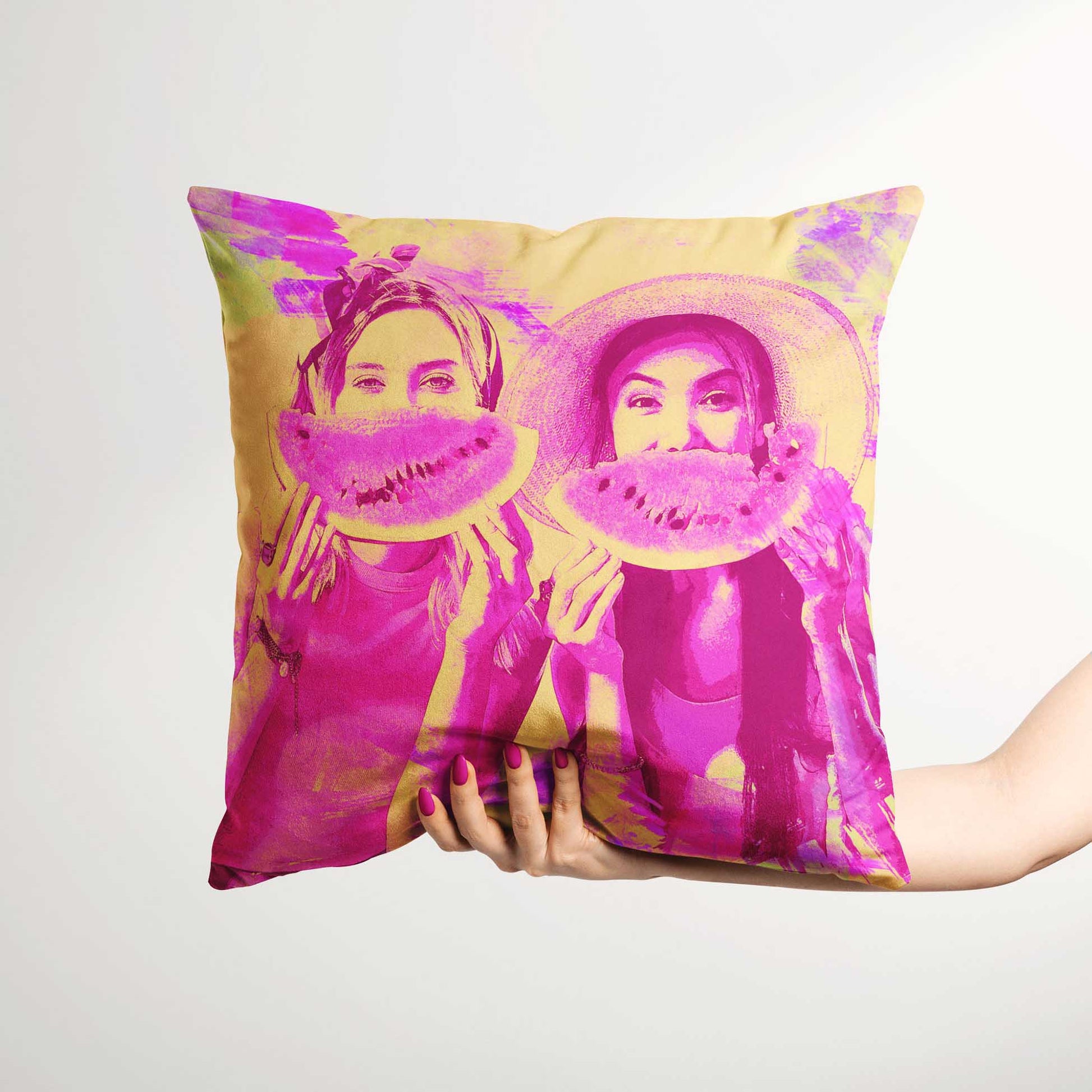 Elevate your decor with the Personalised Pink and Yellow Watercolour Cushion. This stunning artwork, handcrafted with love, showcases intricate brush strokes on soft velvet. Transform your cherished photo into a bespoke piece of fine art 