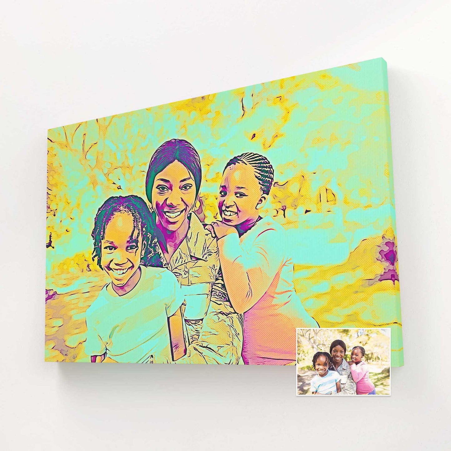 Add a touch of creativity and fun to your space with our Personalised Blue and Yellow Cartoon Canvas. We turn your photos into vibrant and energetic cartoon artworks, capturing the essence of laughter and smiles