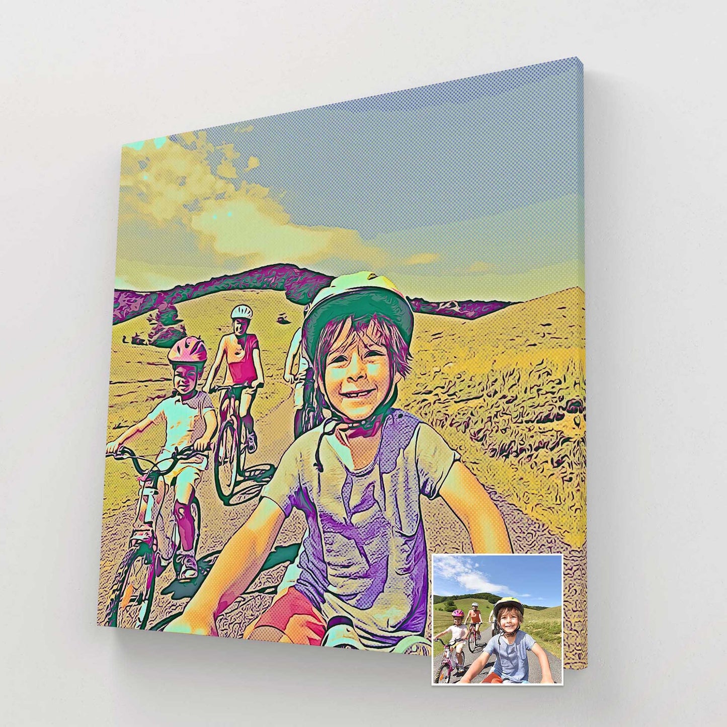 Celebrate the joy of family and friends with our Personalised Blue and Yellow Cartoon Canvas. These creative artworks, created from your photos, evoke laughter, smiles, and a sense of togetherness.