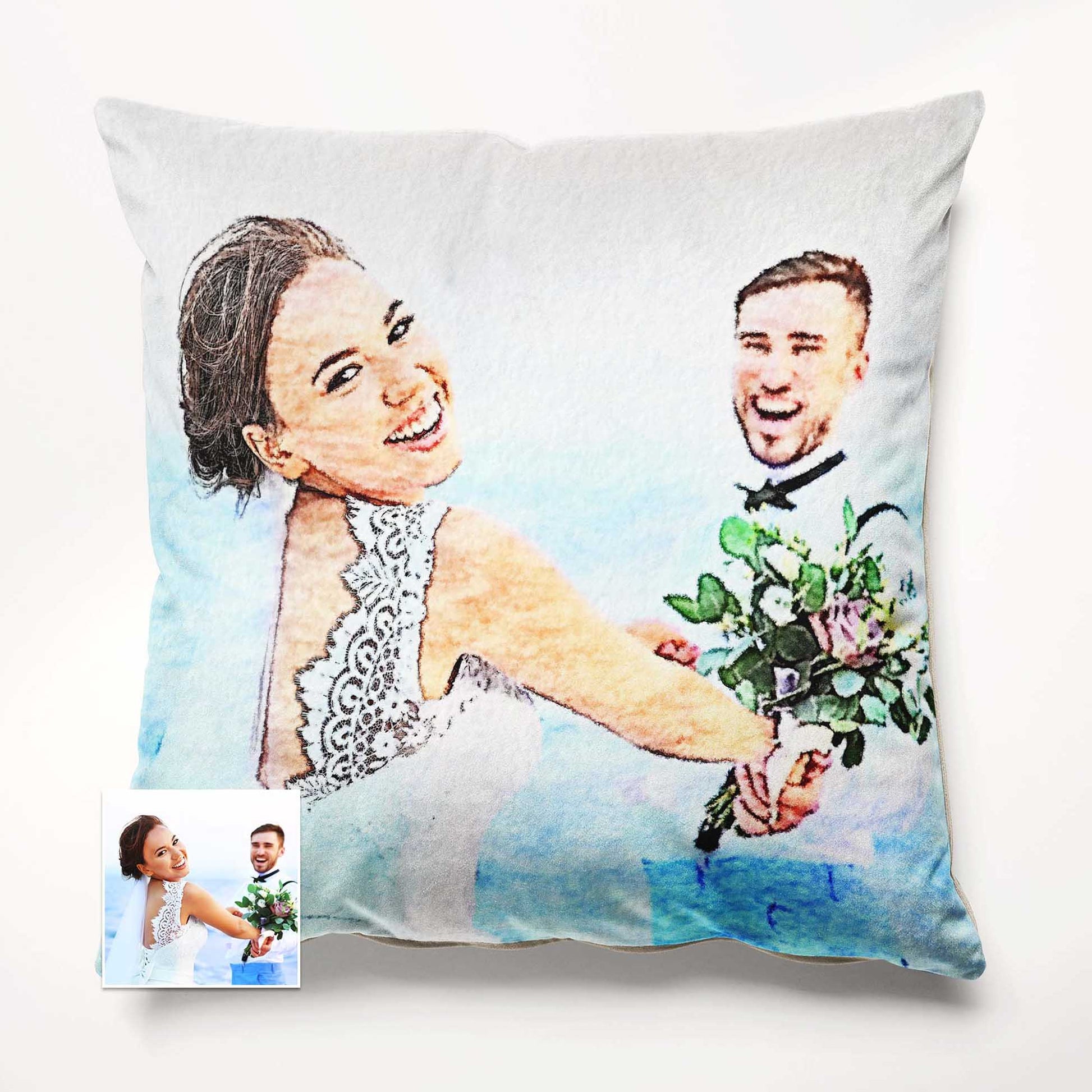 Elevate your home decor with a personalized watercolor painting cushion. Printed from your photo, this soft furnishing is crafted with luxurious velvet fabric, adding a touch of natural beauty to your space