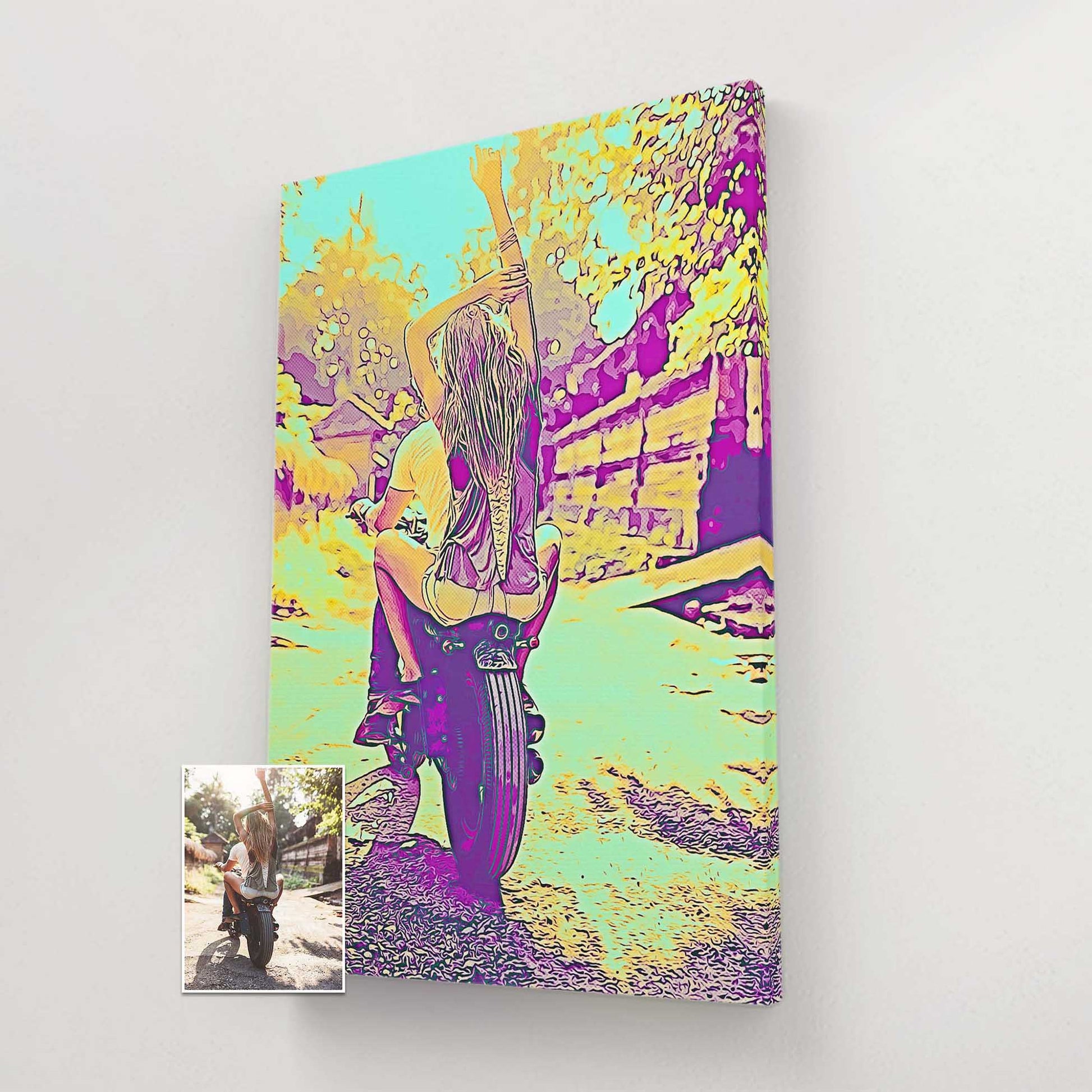 Infuse your home with a burst of creativity and laughter with our Personalised Blue and Yellow Cartoon Canvas. These unique artworks, crafted from your photos, showcase a funky and fun halftone style