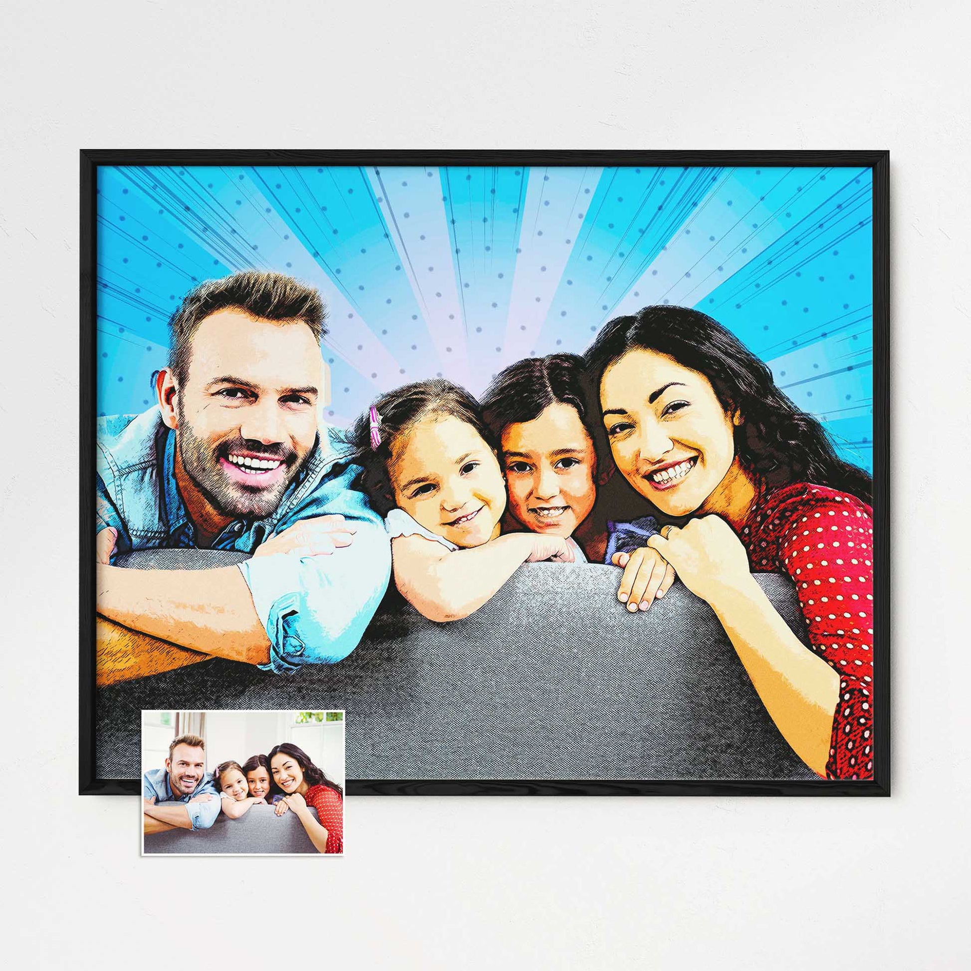 Experience the joy and creativity of our Personalised Blue & Yellow Cartoon Framed Print. This artwork, transformed from your photo into a cartoon, showcases a halftone effect reminiscent of old school comics