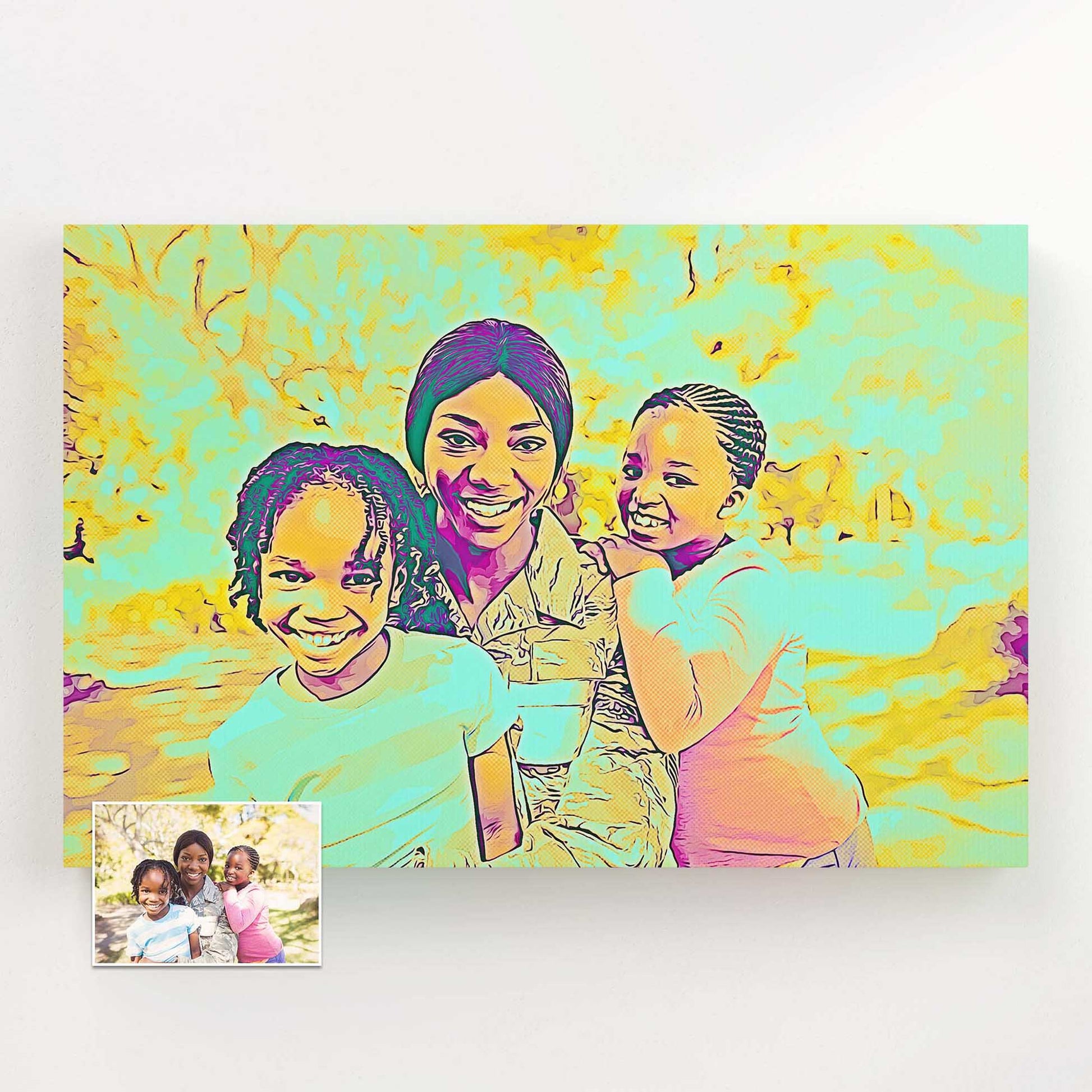 Turn your cherished memories into works of art with our Personalised Blue and Yellow Cartoon Canvas. These creative and vibrant pieces, transformed from your photos, exude a funky and fun vibe