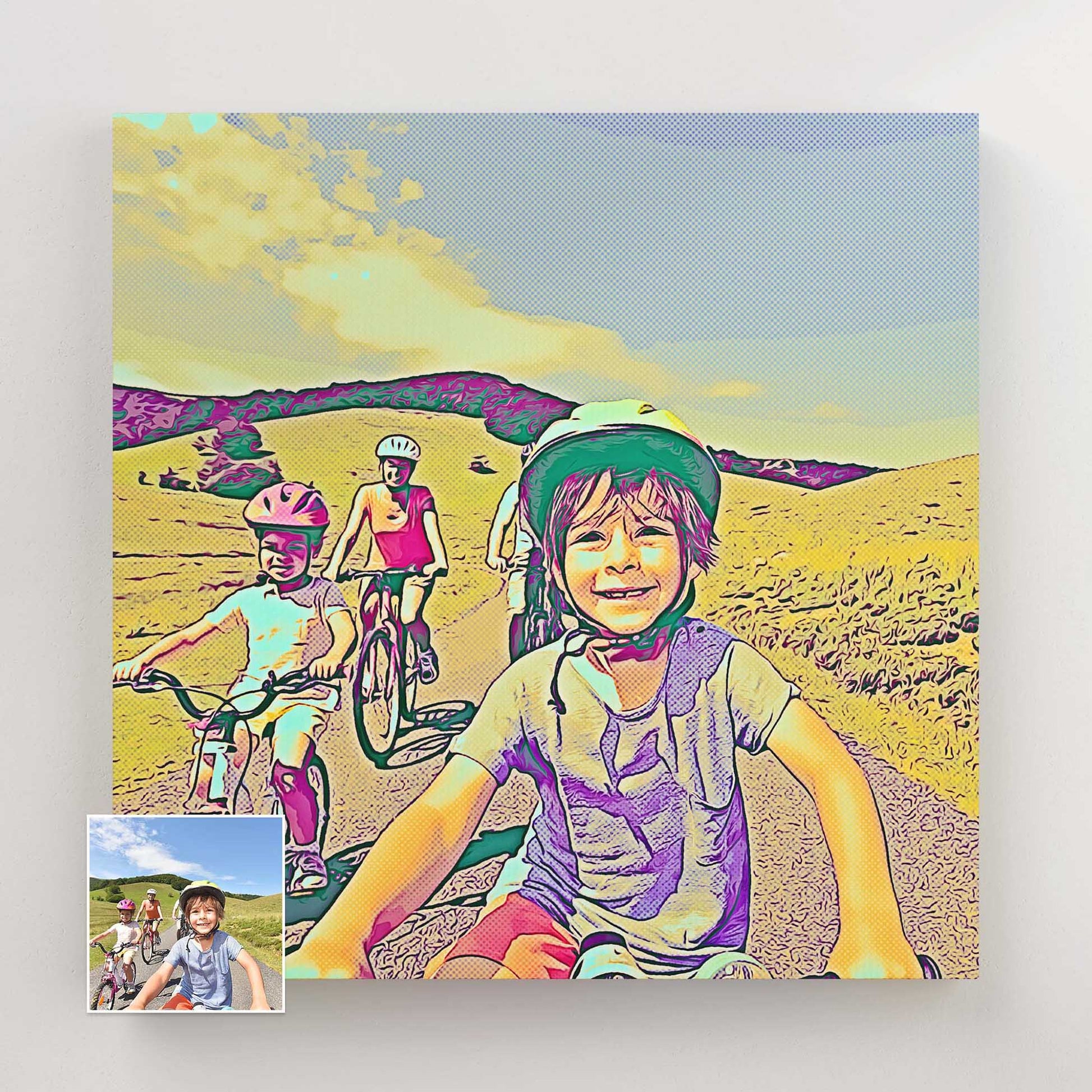 Experience the joy of personalized art with our Personalised Blue and Yellow Cartoon Canvas. We transform your photos into funky and fun cartoon masterpieces that evoke laughter and smiles. These unique pieces are perfect for housewarmings