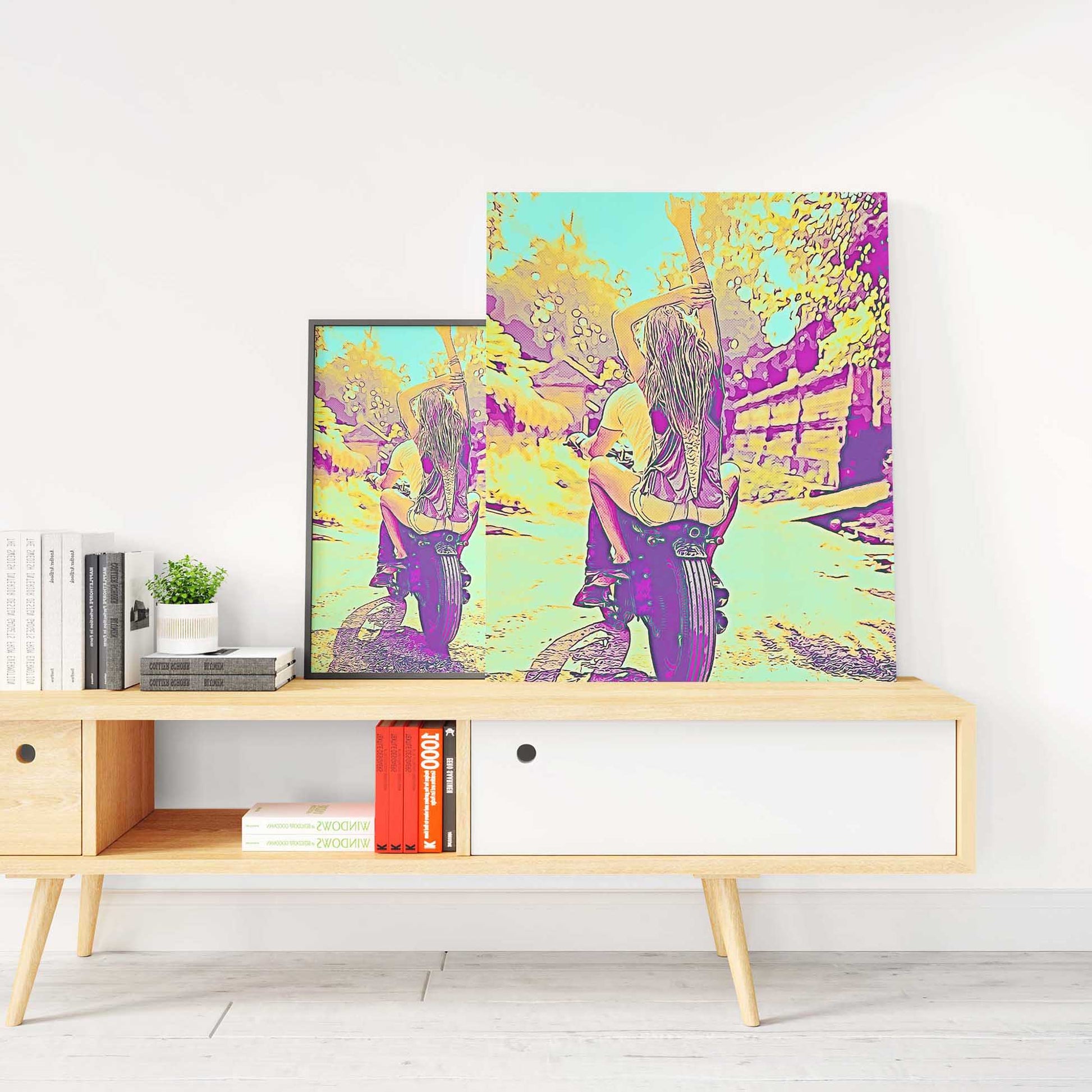 Add a dash of creativity and laughter to your home with our Personalised Blue and Yellow Cartoon Canvas. These unique artworks, created from your photos, bring a fresh and funky vibe to any space