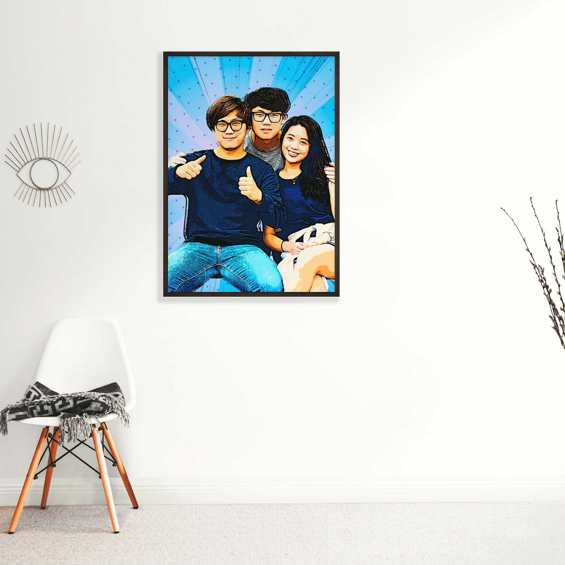 Infuse your space with a burst of creativity with our Personalised Blue & Yellow Cartoon Framed Print. This artwork, transformed from your photo into a cartoon, features a halftone effect reminiscent of old school comics