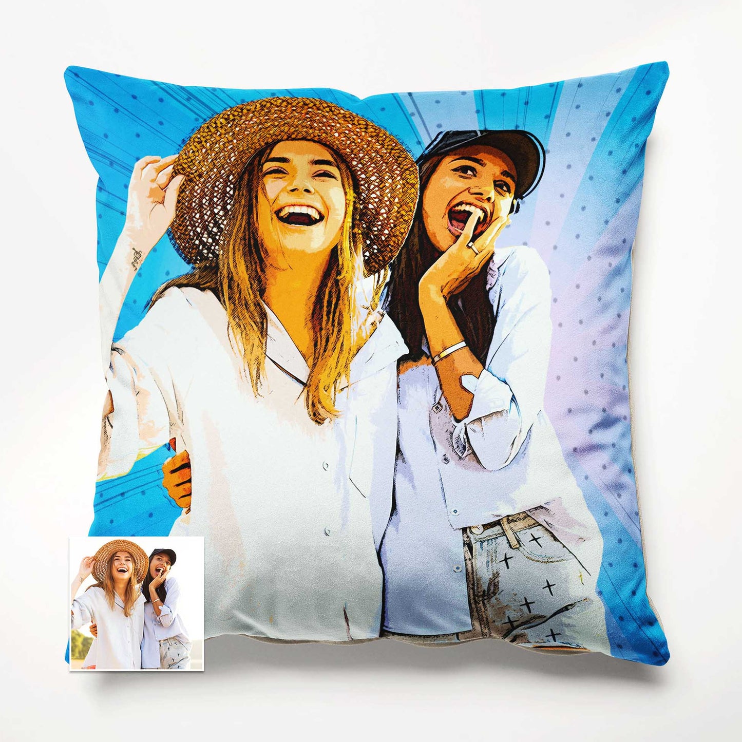 The Personalised Cartoon Comics Cushion combines the warmth and comfort of a cushion with the playful charm of a cartoon. Featuring a cartoon illustration created from your own photo, it adds a personal touch to your living space
