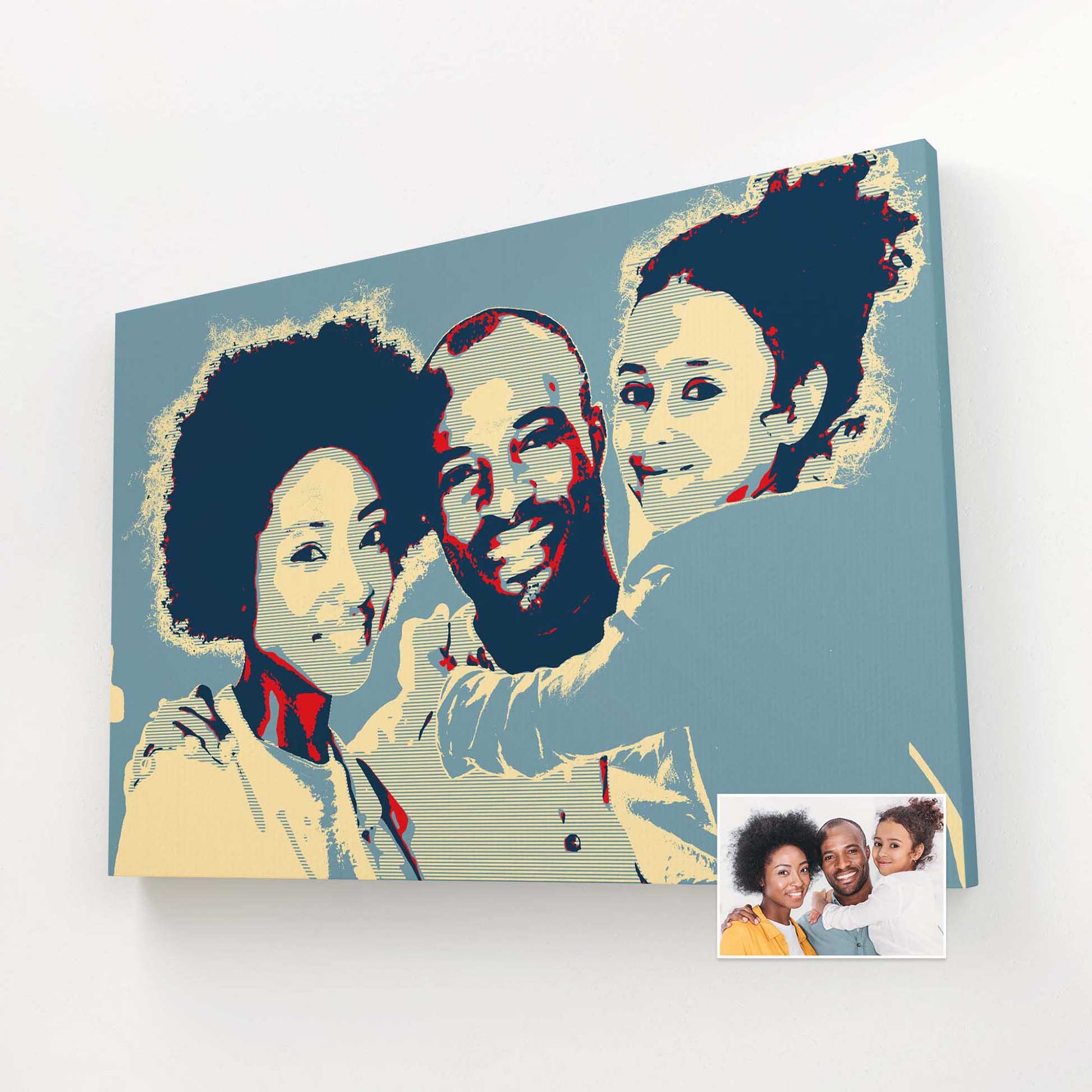 Make a bold statement with a Personalised Election Poster Canvas. Your photo is transformed into a captivating pop art creation, printed on handmade canvas. This unique and original digital artwork adds a touch of novelty to your decor