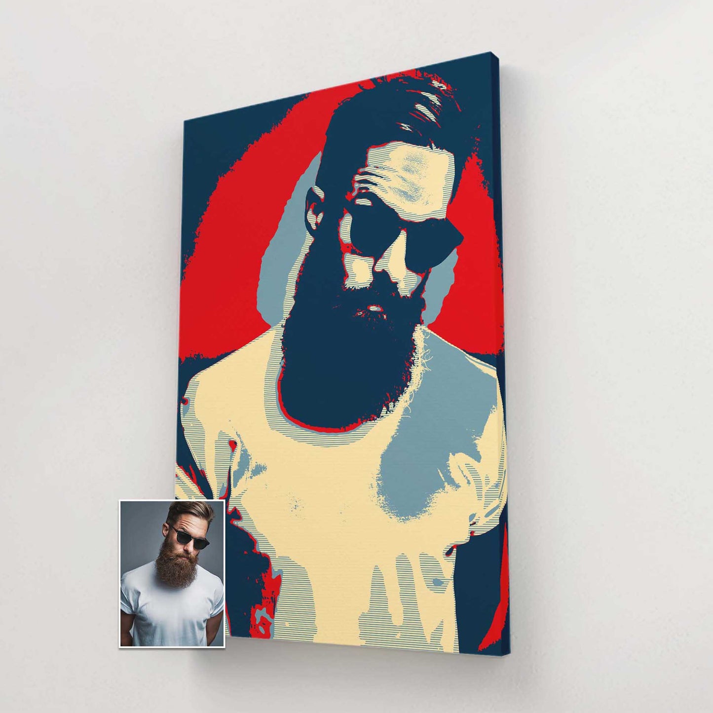 Elevate your space with a Personalised Election Poster Canvas. This captivating pop art creation, derived from your photo, is printed on handmade canvas. Its unique and original design brings a sense of novelty and digital art flair