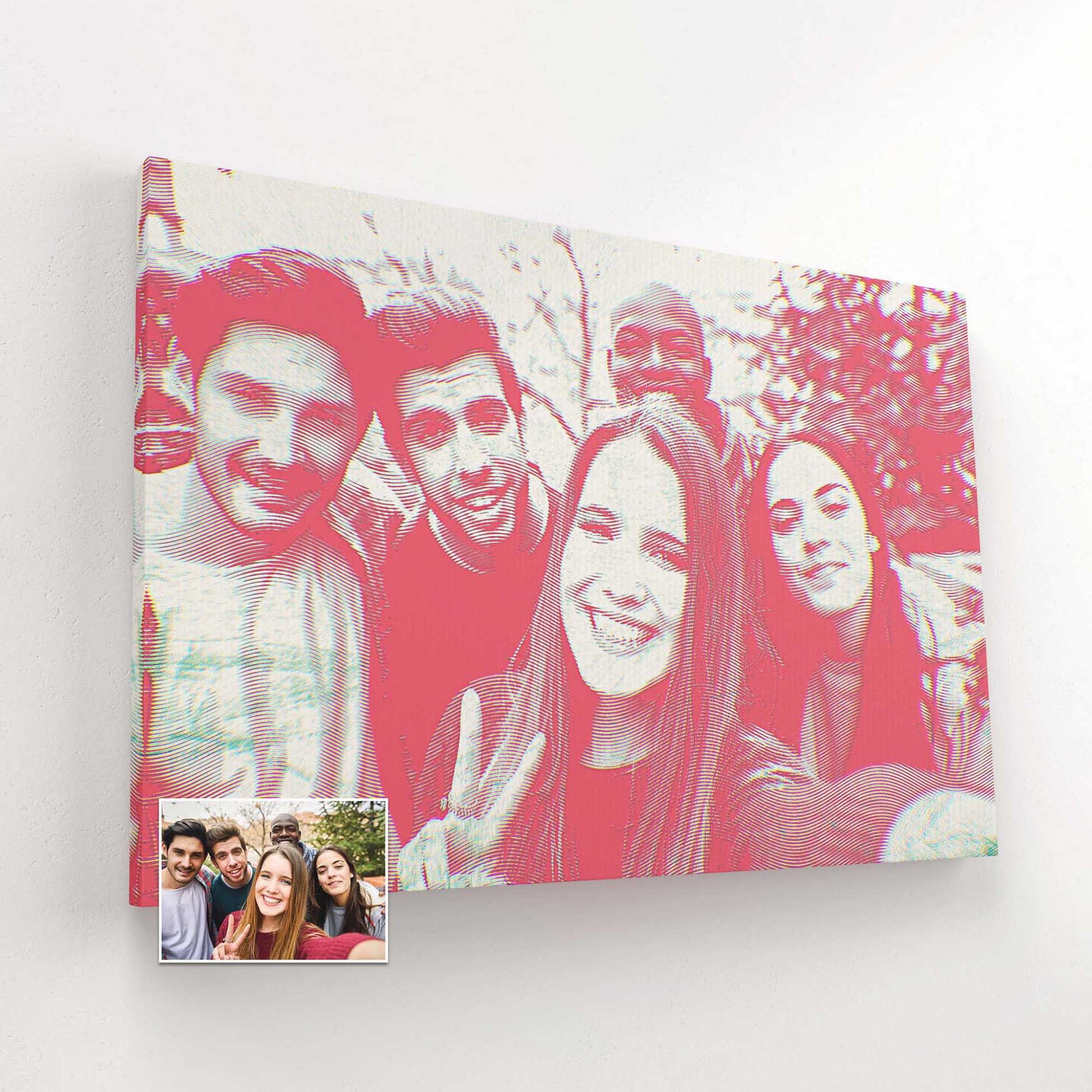 Cherish your precious memories with a Personalised Pink Engraving Canvas. This custom artwork is created by printing your photo on a high-quality handmade canvas, resulting in a stunning and unique piece