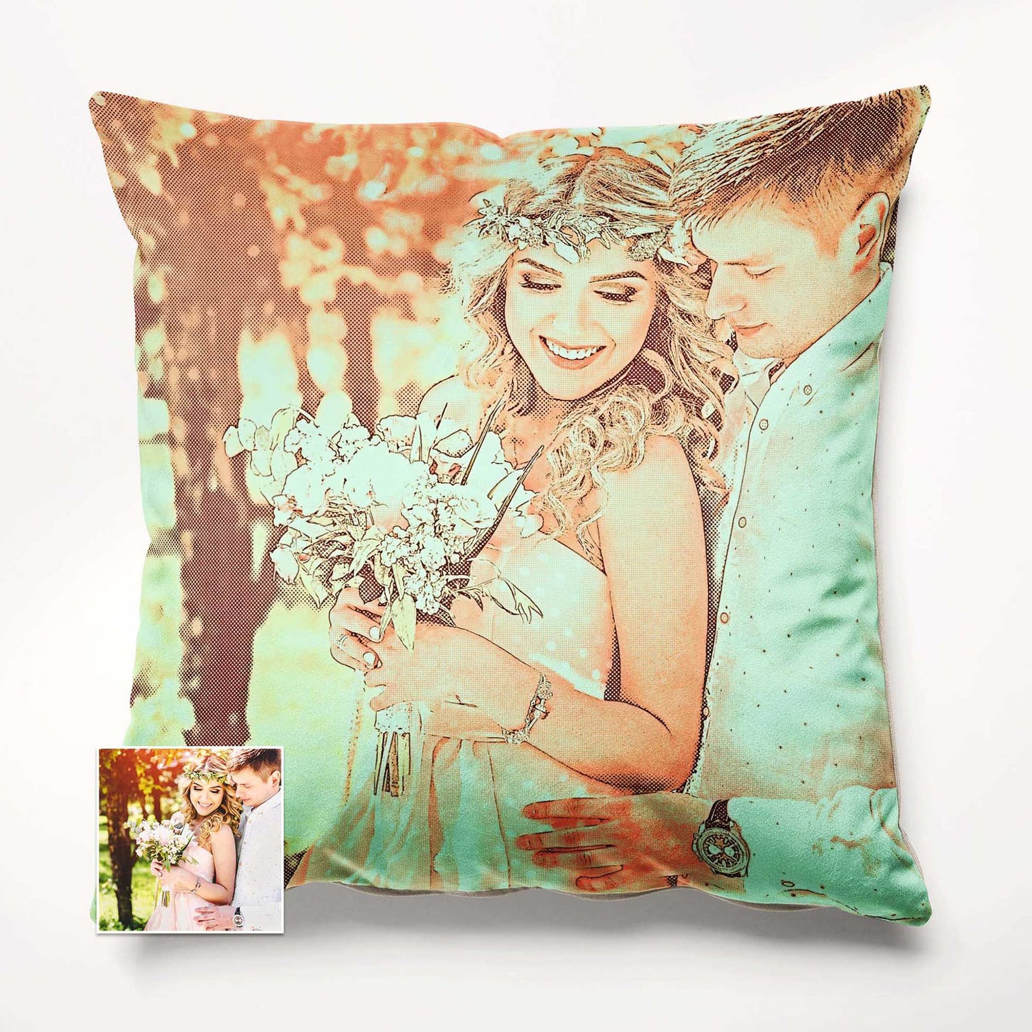 Elevate your home decor with the Personalised Orange and Green Cushion, featuring a custom painting from your favorite photo. This digital art-inspired cushion brings a fresh and cool vibe to any space, adding a trendy and modern touch