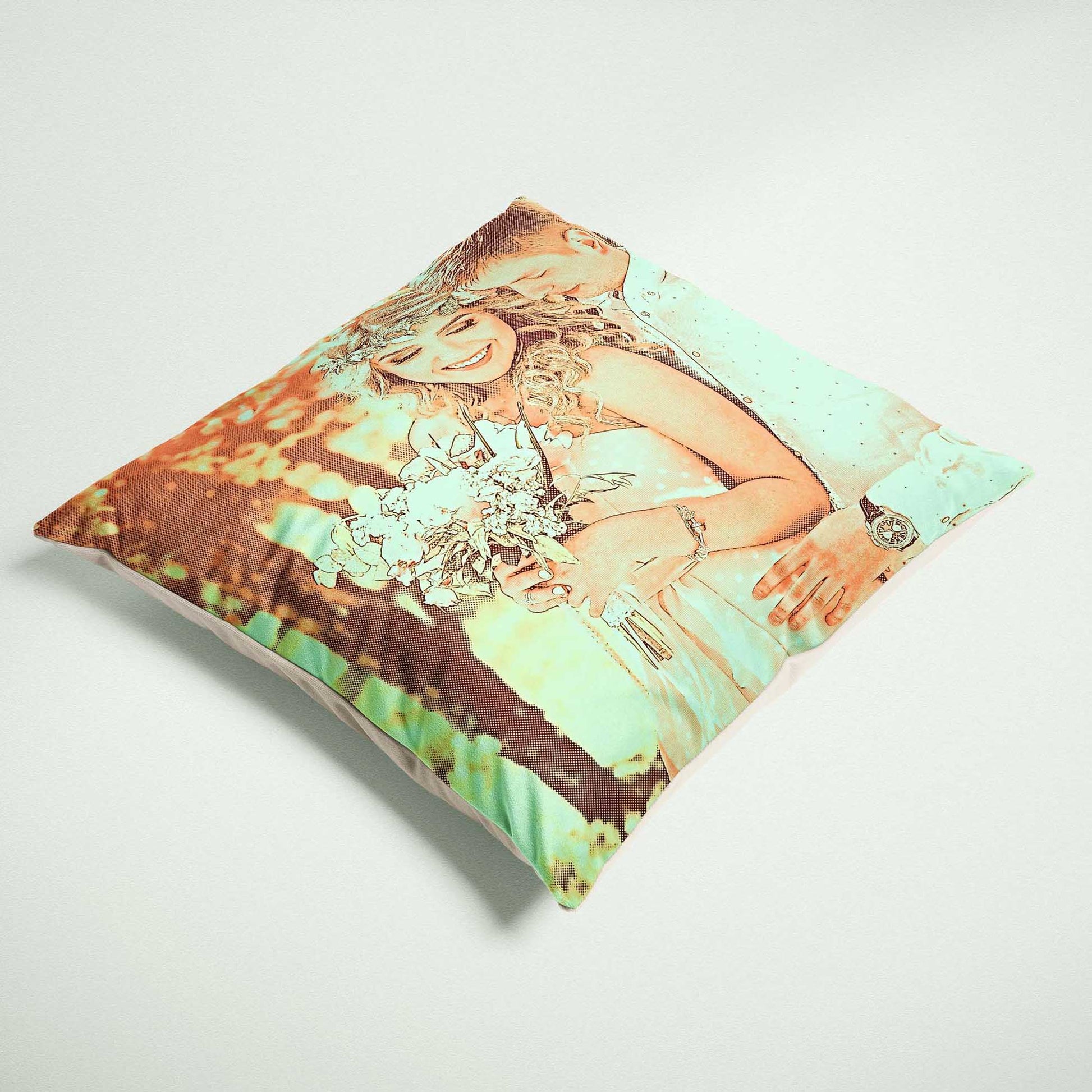 Transform your living space into a modern oasis with the Personalised Orange and Green Cushion. This unique cushion showcases a custom digital art print, created from your cherished photo, adding a fresh and cool vibe to your home decor
