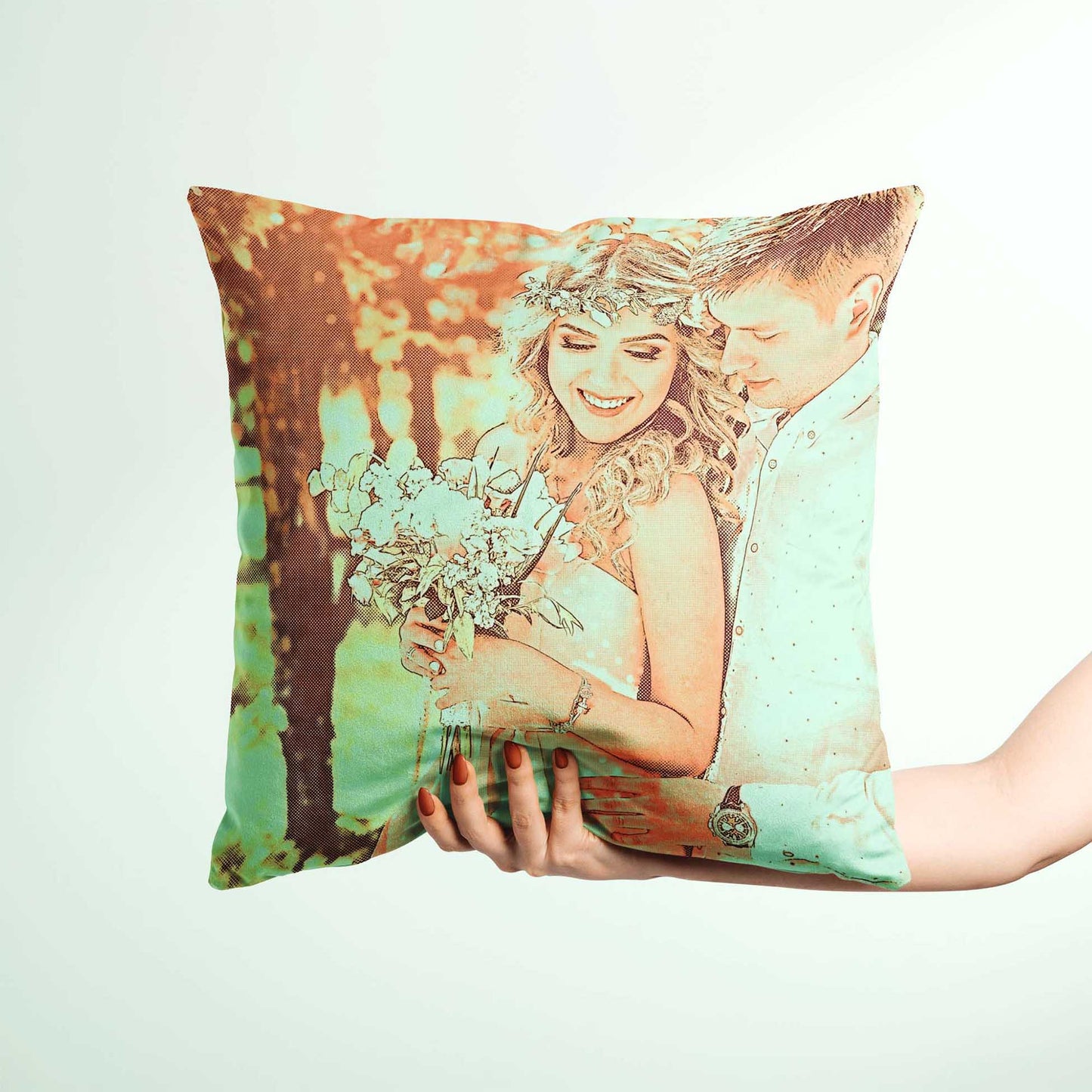 Add a contemporary flair to your home with the Personalised Orange and Green Cushion. This custom-designed cushion features a vibrant digital art print, inspired by your chosen photo, creating a fresh and trendy ambiance, handmade