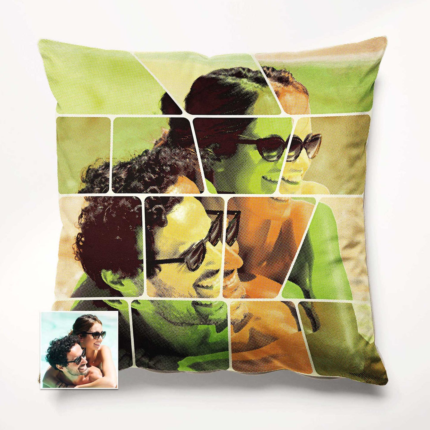 Add a unique and original touch to your home decor with the Personalised Vintage Comics Cushion. The cartoon design created from your photo brings a fresh and cool aesthetic, with vibrant orange and green hues, handmade soft velvet