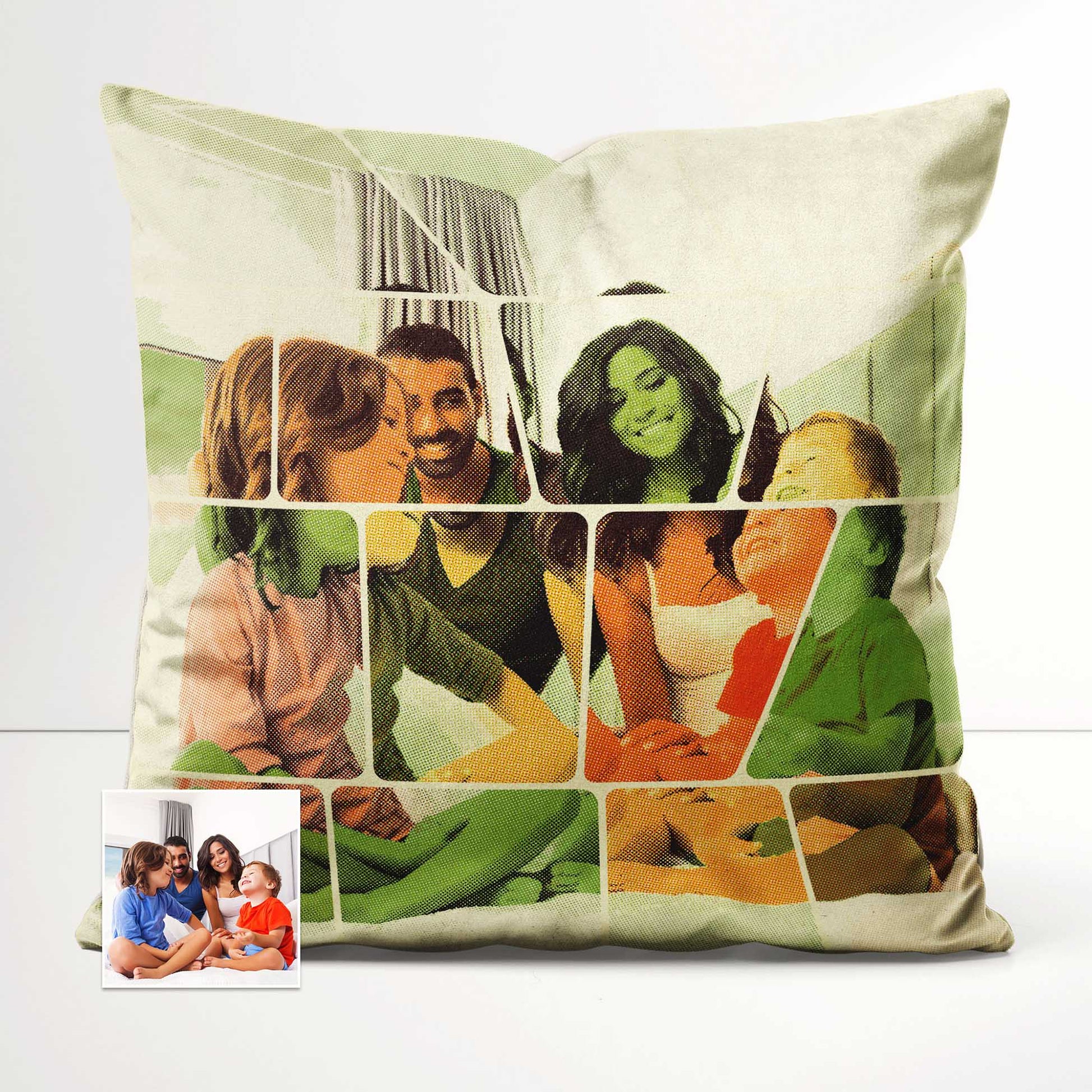 Transform your home decor with the Personalised Vintage Comics Cushion. Its cartoon design created from your photo infuses a fresh and cool energy, featuring vibrant orange and green colors, handmade soft velvet