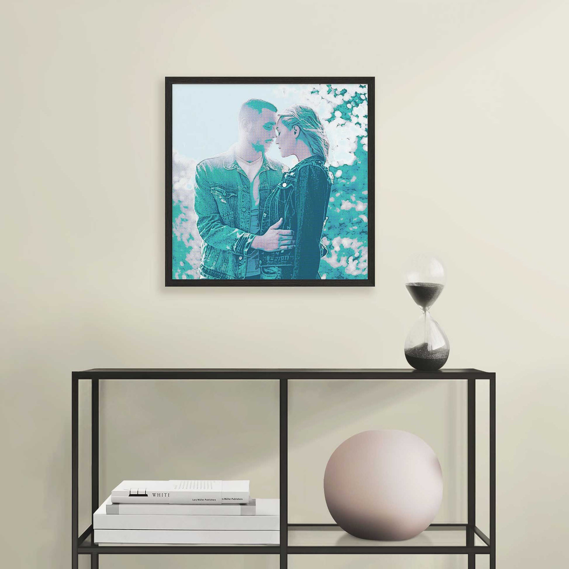 Create an artful atmosphere with the Personalised Teal Grunge Framed Print. Its halftone effect and old-school retro style bring a fresh and cool aesthetic to your home decor, unique and original print from photo 
