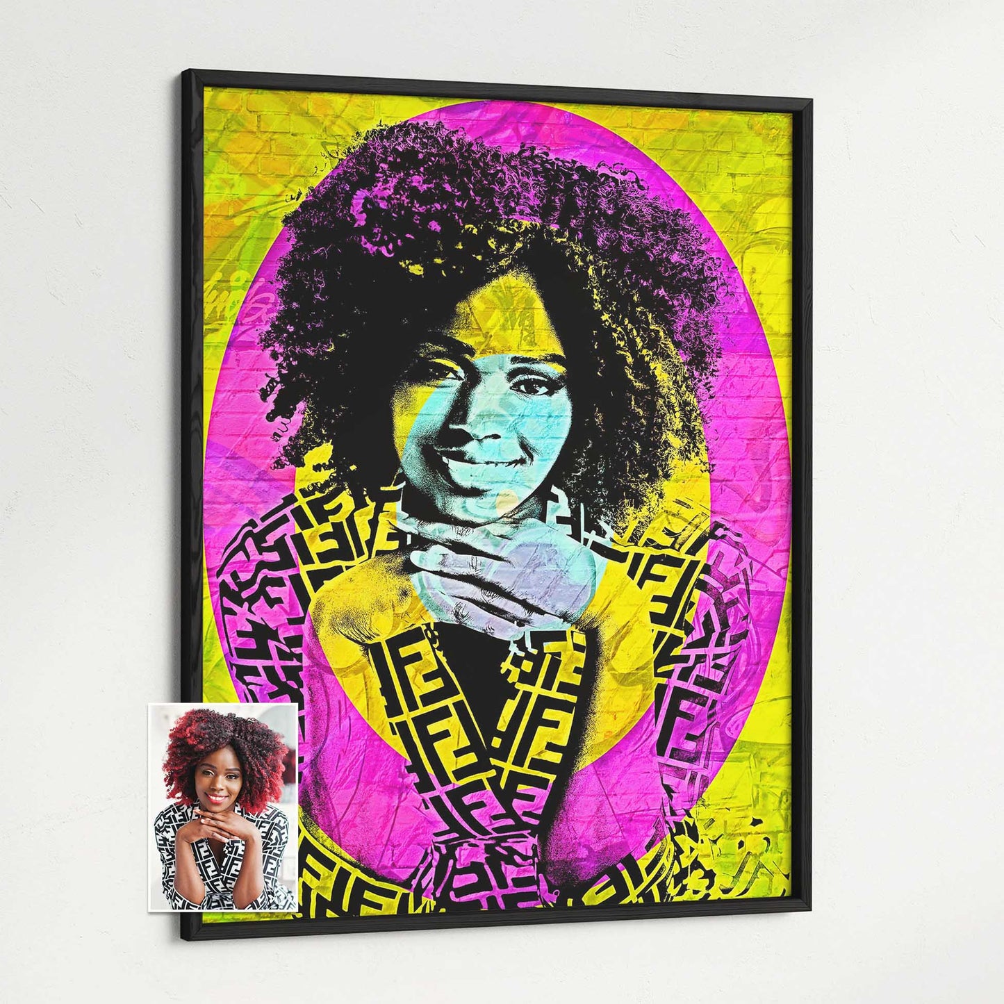 Transform your space into an urban oasis with our Personalised Graffiti Street Art Print. The city-style brick texture and vibrant colors, such as pink, yellow, and blue, create a cool and chic atmosphere. Crafted by printing from photo