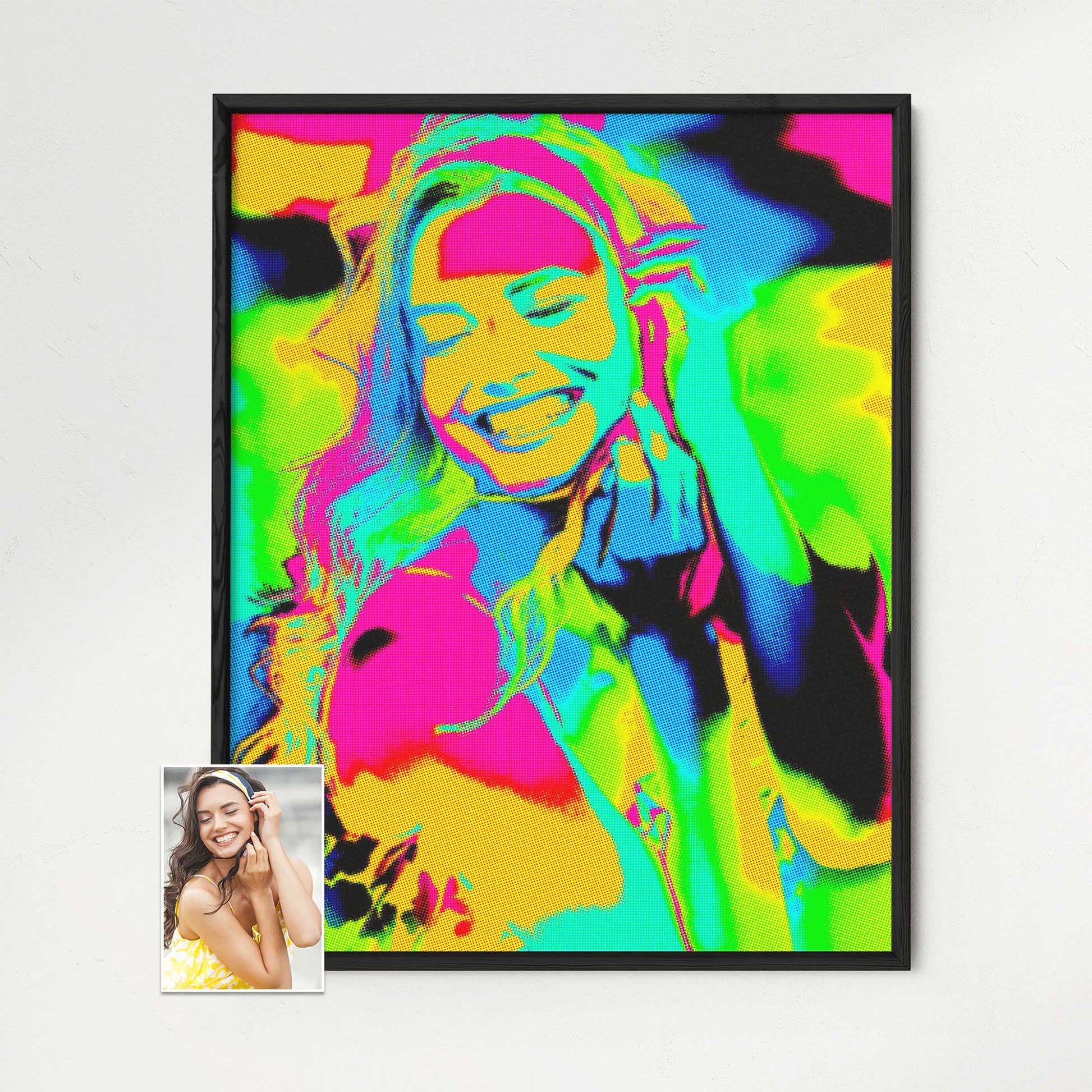 Immerse yourself in the world of pop art with our Personalised Pop Art Framed Print. Created through printing from photo, it showcases a captivating pop art style with a halftone effect. The bold and expressive colors of pink, orange, green