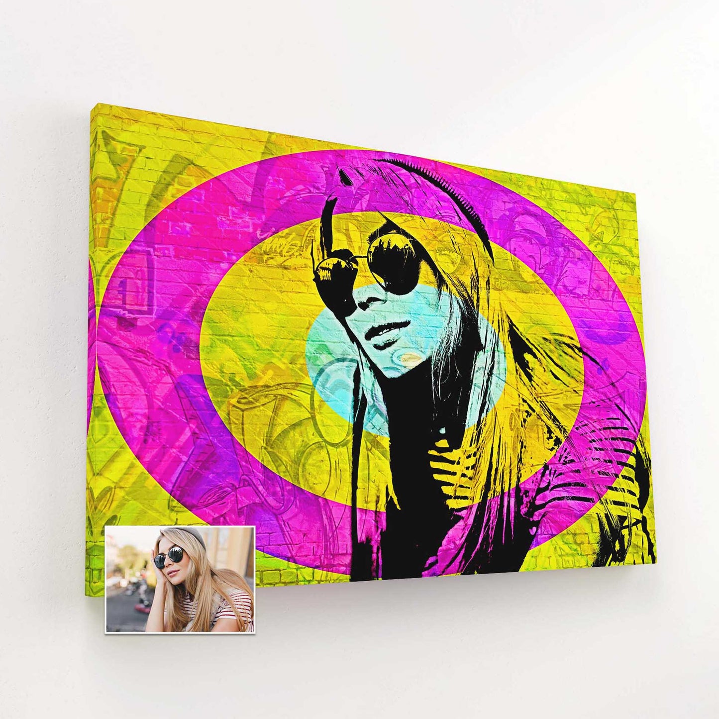 Add a touch of urban flair to your space with our Personalised Graffiti Street Art Canvas. With its fun, colorful, and exciting designs, this canvas captures the essence of street art. Handmade on woven canvas and printed from your photo