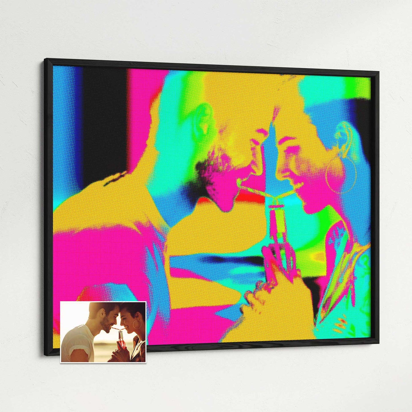 Experience a burst of creativity with our Personalised Pop Art Framed Print. Created through printing from photo, it features a vibrant pop art style with a halftone effect. The bold colors of pink, orange, green, and blue