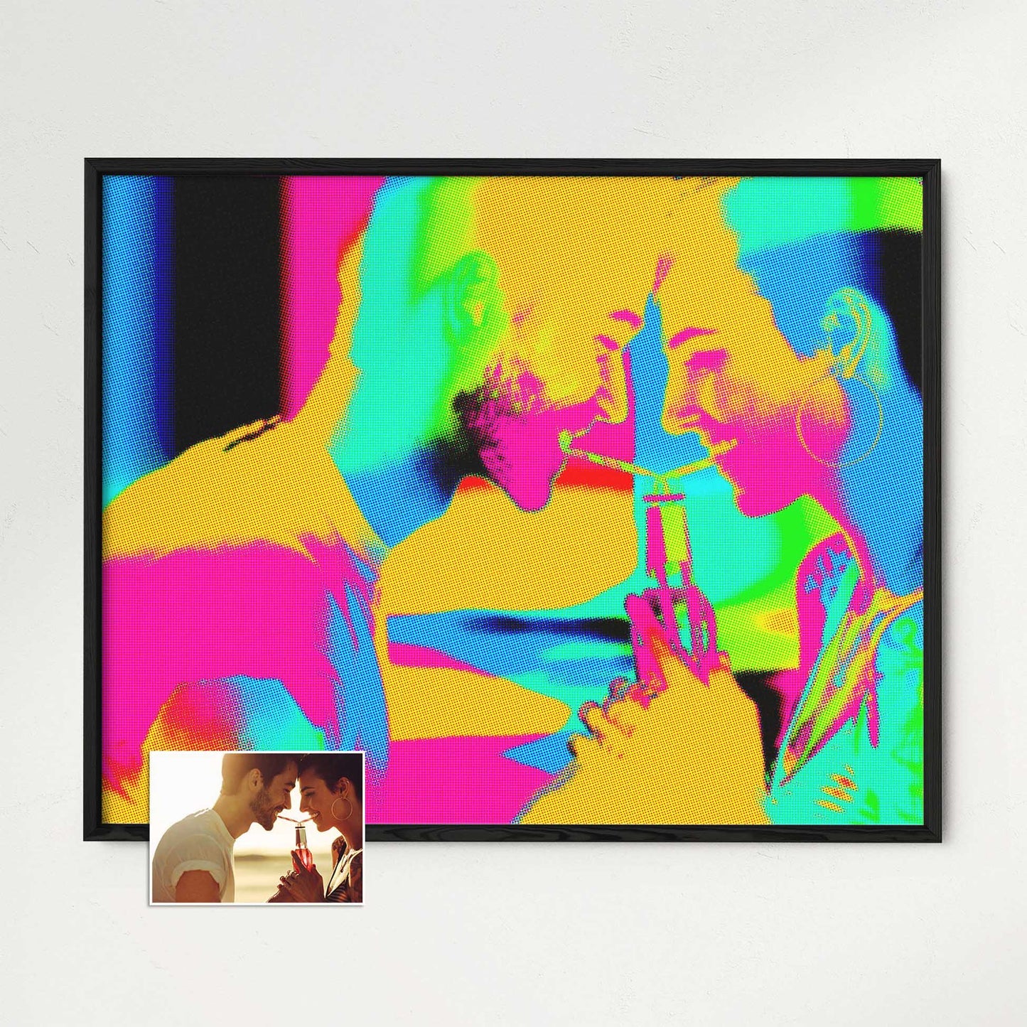 Add a splash of color to your home decor with our Personalised Pop Art Framed Print. Created by printing from photo, it showcases a captivating pop art style with a halftone effect. The bold and vibrant colors of pink, orange, green, blue