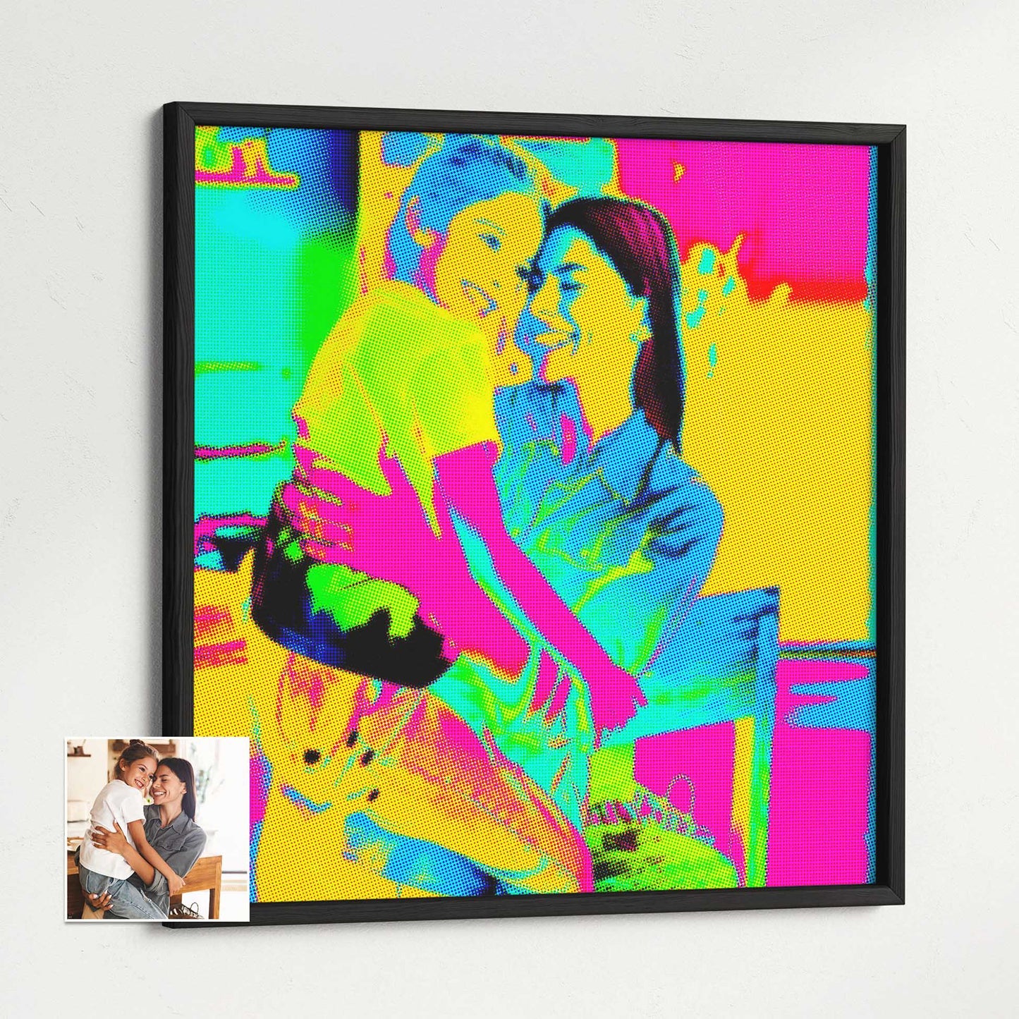 Embrace the spirit of pop art with our Personalised Pop Art Framed Print. Crafted through printing from photo, it features a captivating pop art style with a halftone effect. The bold and expressive colors of pink, orange, green, and blue 
