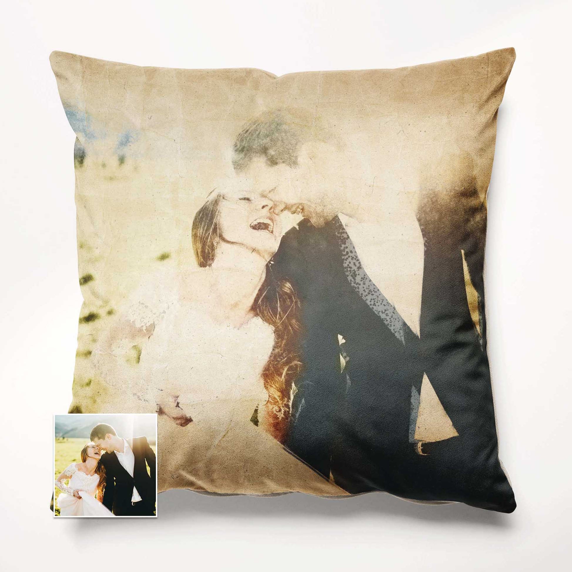 Add a touch of vintage charm to your home decor with the Personalised Vintage Gouache Cushion. Featuring a painting created from your photo using watercolour technique, it exudes an authentic and real artistic essence, handmade