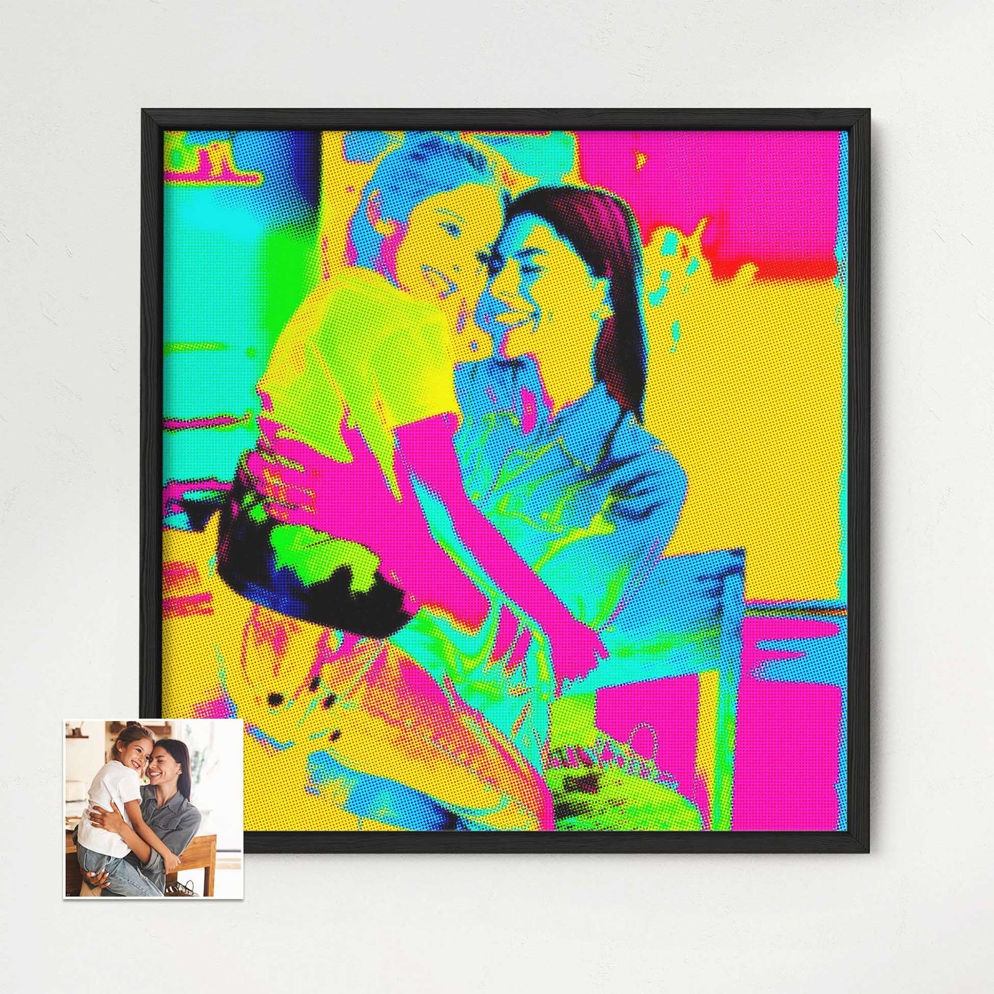 Infuse your home with the vibrant energy of our Personalised Pop Art Framed Print. Created by printing from photo, it showcases a bold pop art style with a halftone effect. The striking colors of pink, orange, green, and blue 