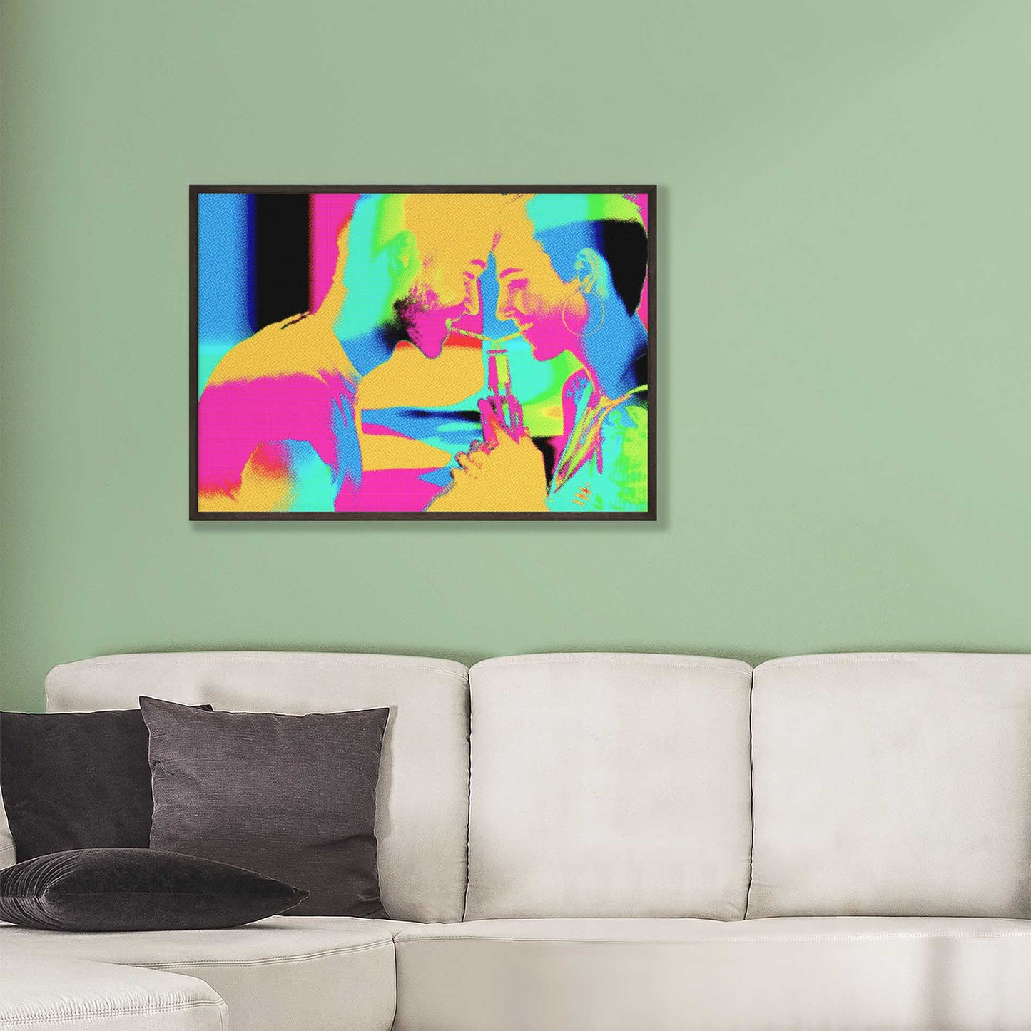 Experience the vibrant charm of our Personalised Pop Art Framed Print. Crafted through printing from photo, it features a captivating pop art style with a halftone effect. The bold and vibrant colors of pink, orange, green, and blue 