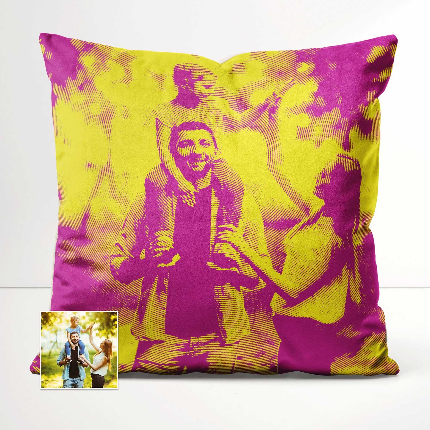 Experience the warmth of the sun with a Personalised Yellow & Pink Texture Cushion. Its soft furnishing and velvet fabric provide a cozy and comfortable feel. Custom printed from your photo, this cushion adds a unique and personal touch