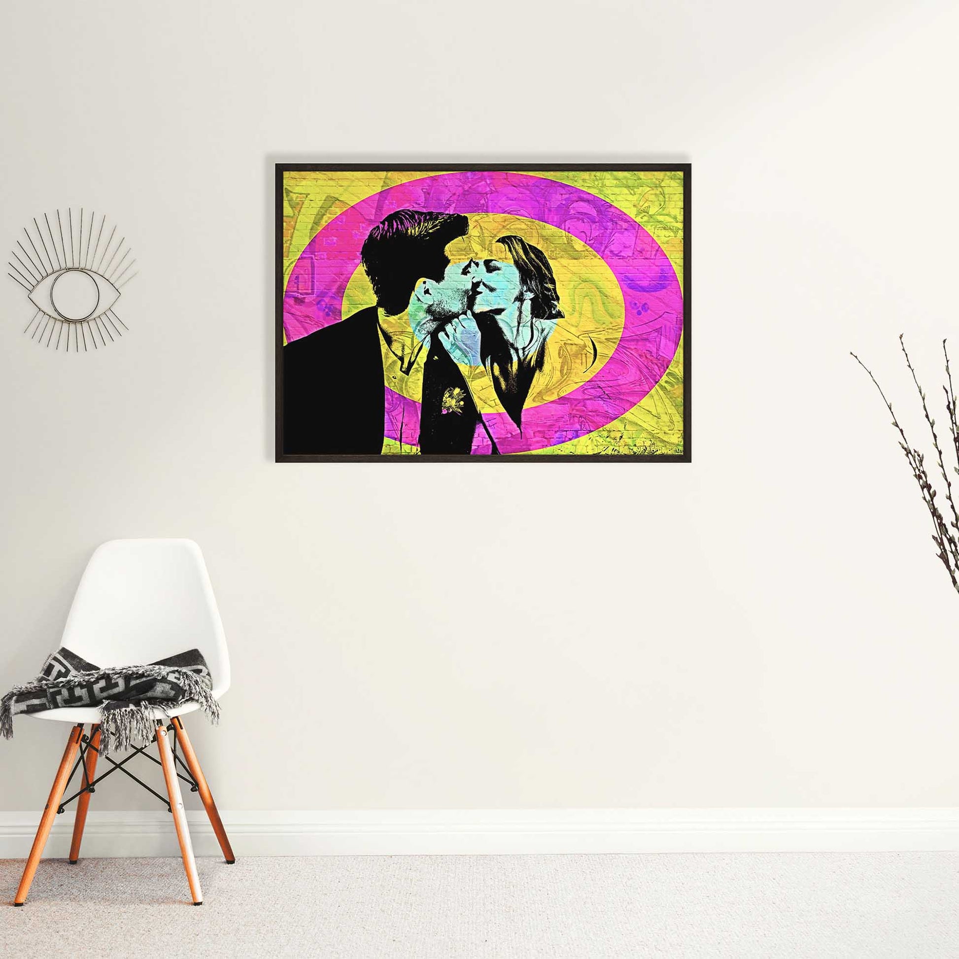 Elevate your home decor with our Personalised Graffiti Street Art Print. Inspired by the urban landscape, this print showcases a realistic brick texture and vibrant colors, including shades of pink, yellow, and blue. Created by printing from photo